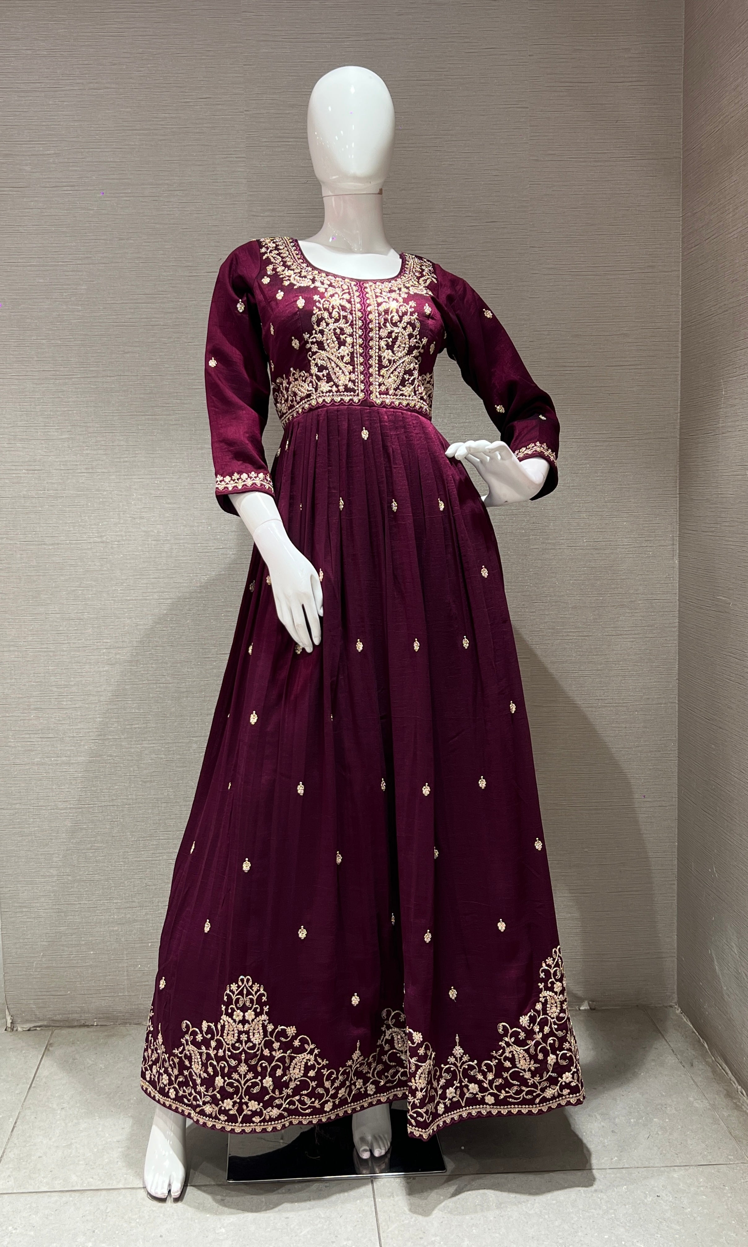 Wine EMBROIDERED ANARKALI LONG DRESS