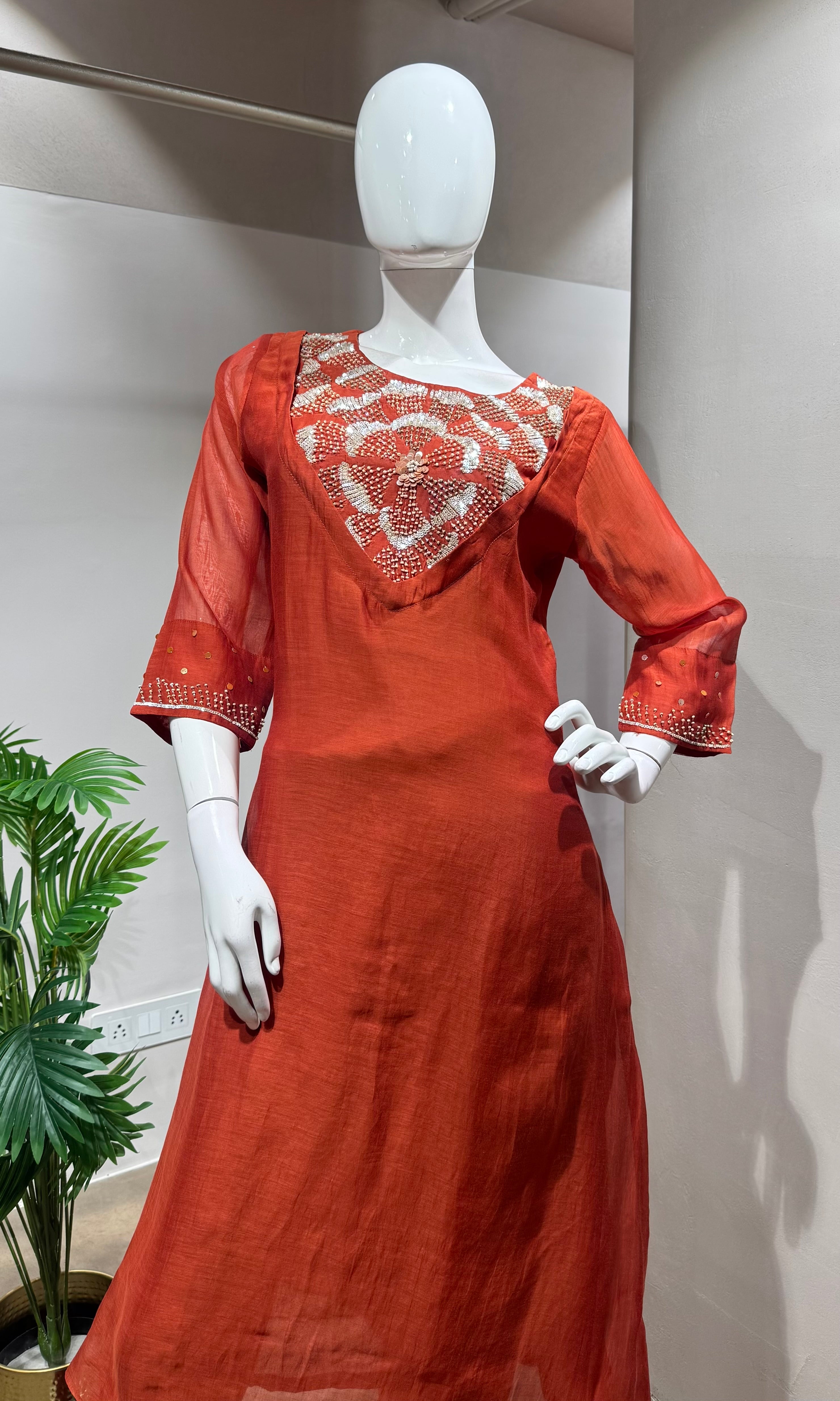 Rust Orange Mul Chanderi Kurta Set