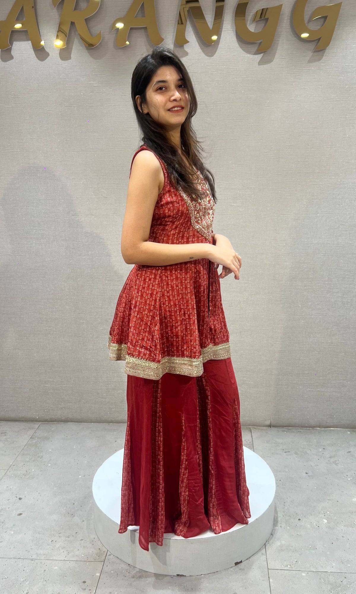 Rust SILK BLEND GOLDEN PEPLUM PALAZZO SET