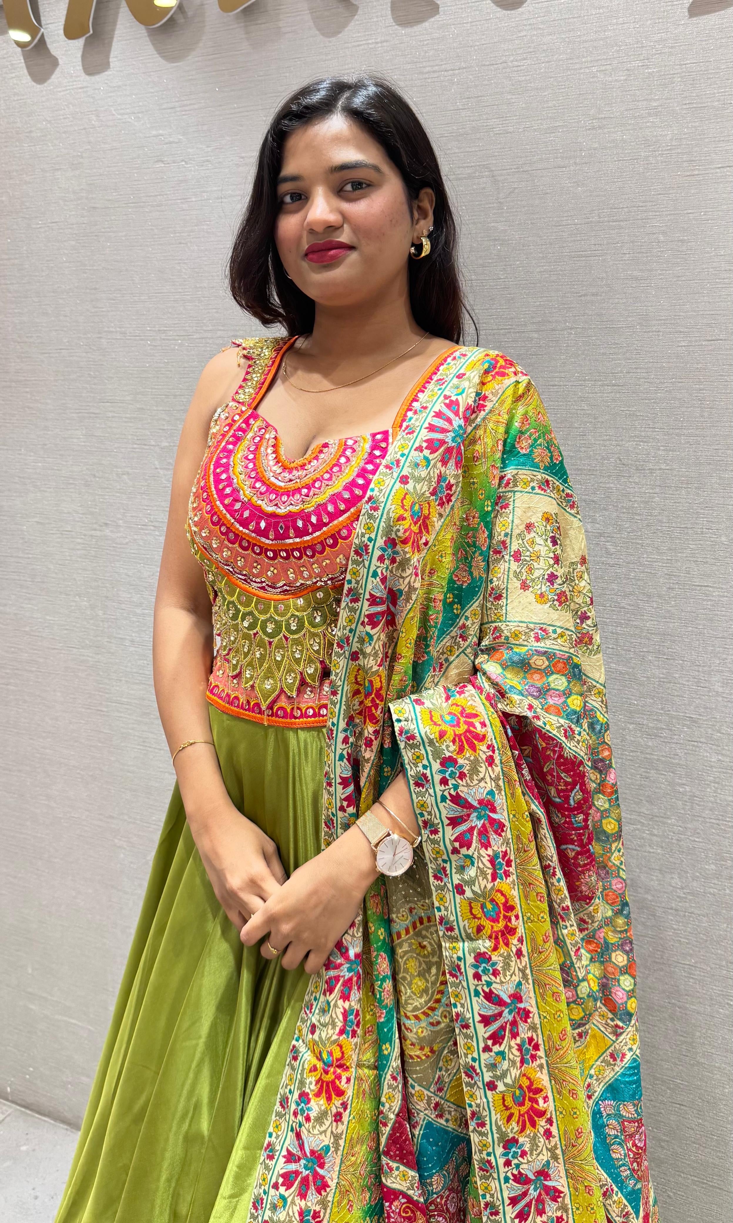 Green Lehenga WITH MULTI COLOUR DUPATTA