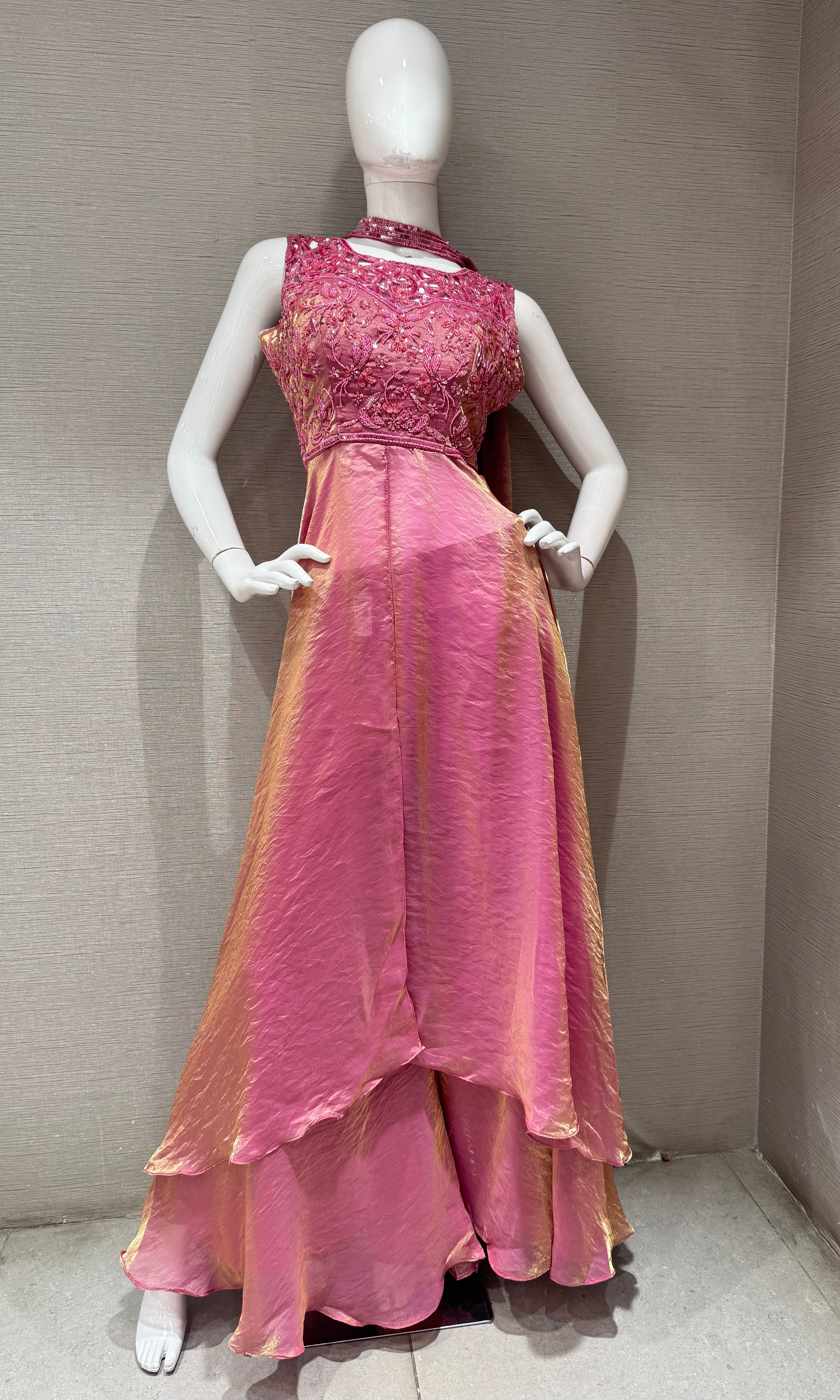 Pink Chiffon Embellished Maxi Palazzo set