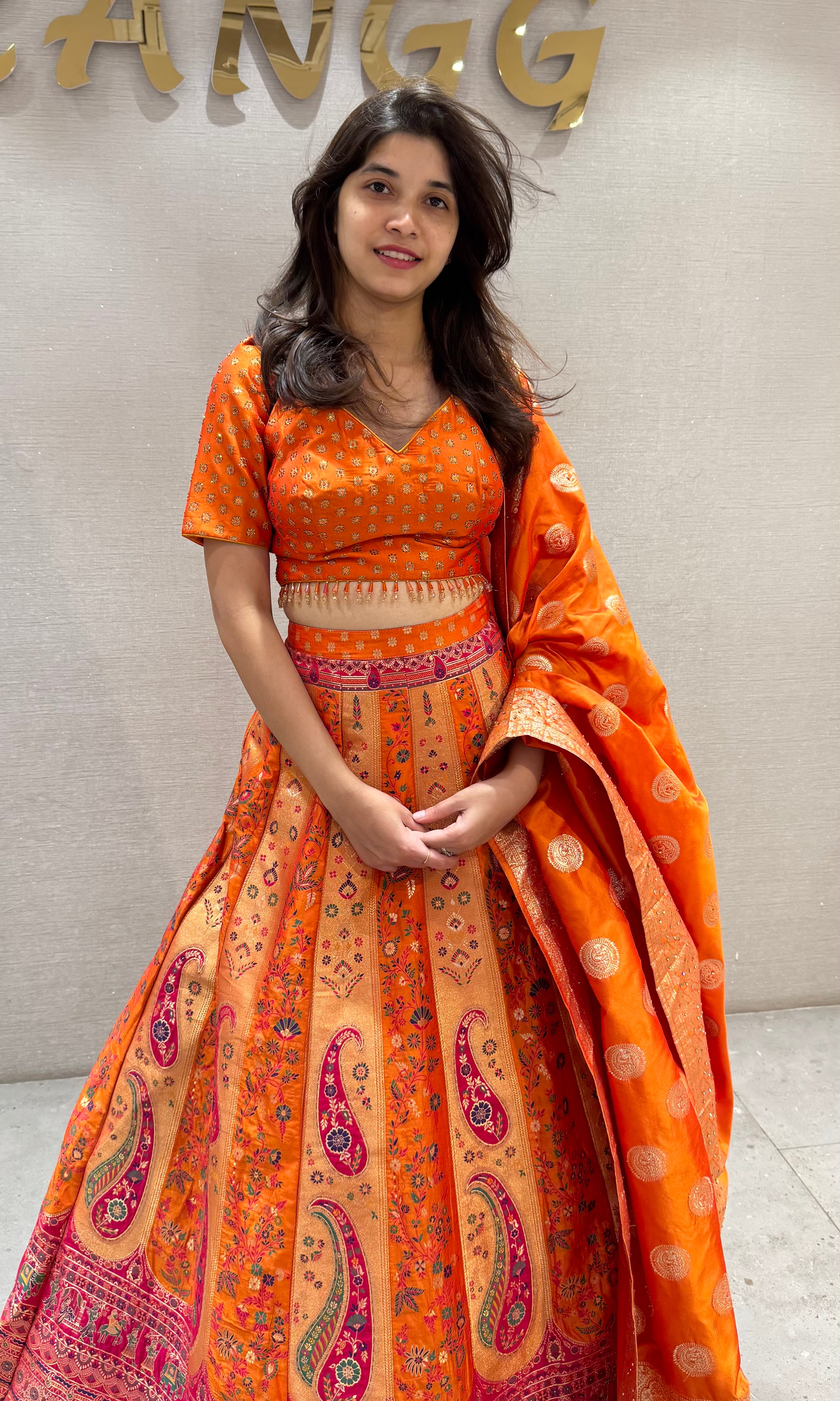 Sunset Orange Banarasi Silk Lehenga