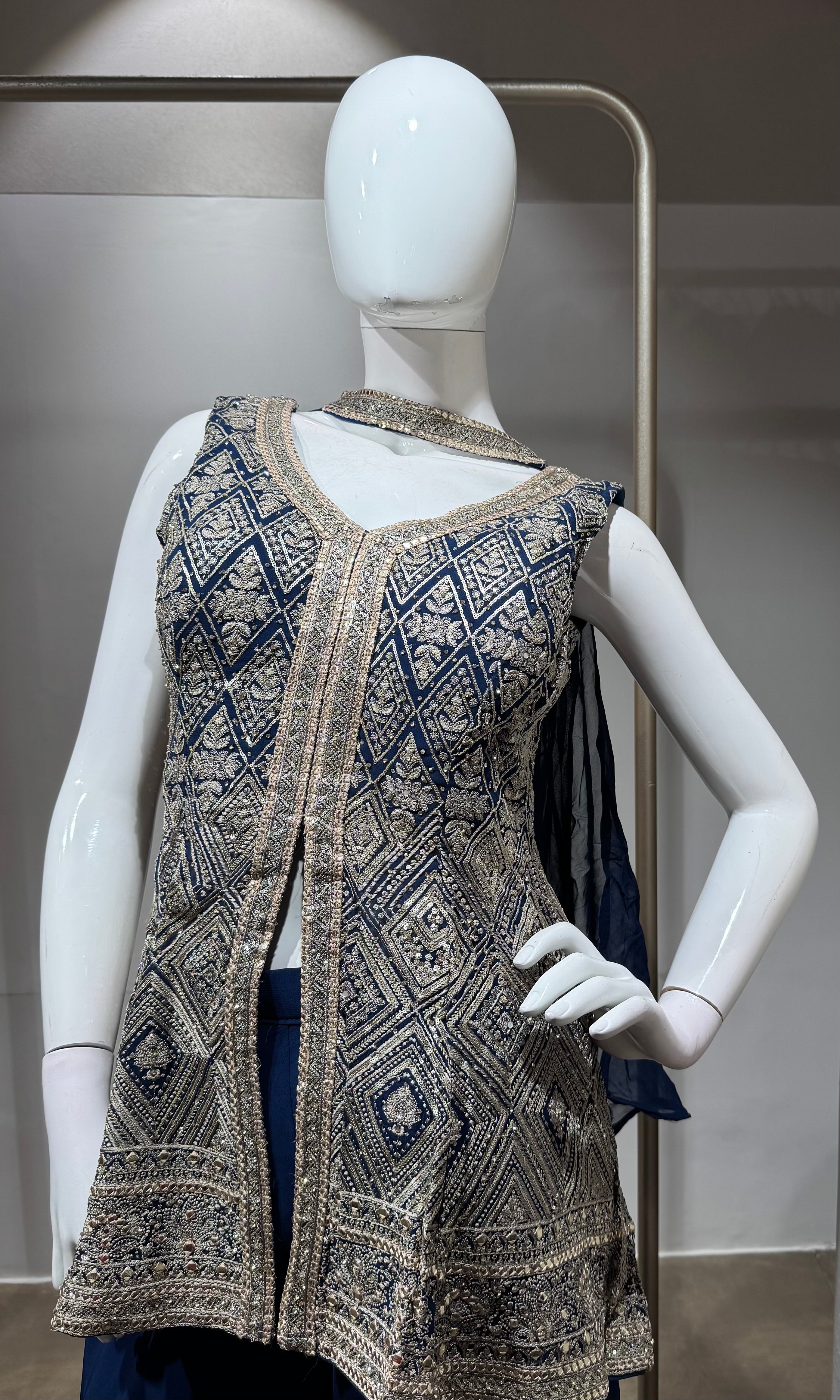 Blue Embellished Peplum Palazzo Set