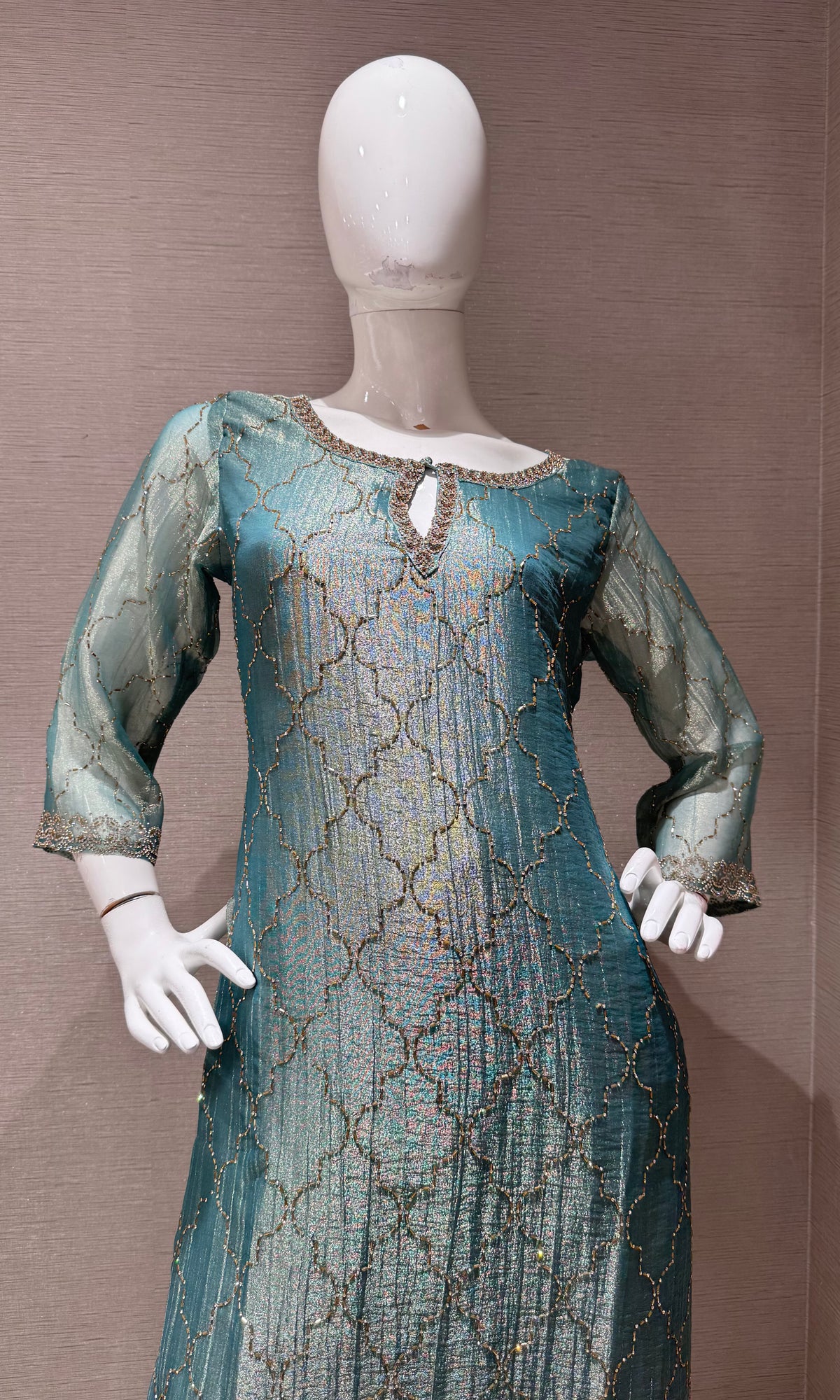 Green Shimmer Golden ethnic Kurta set with dupatta
