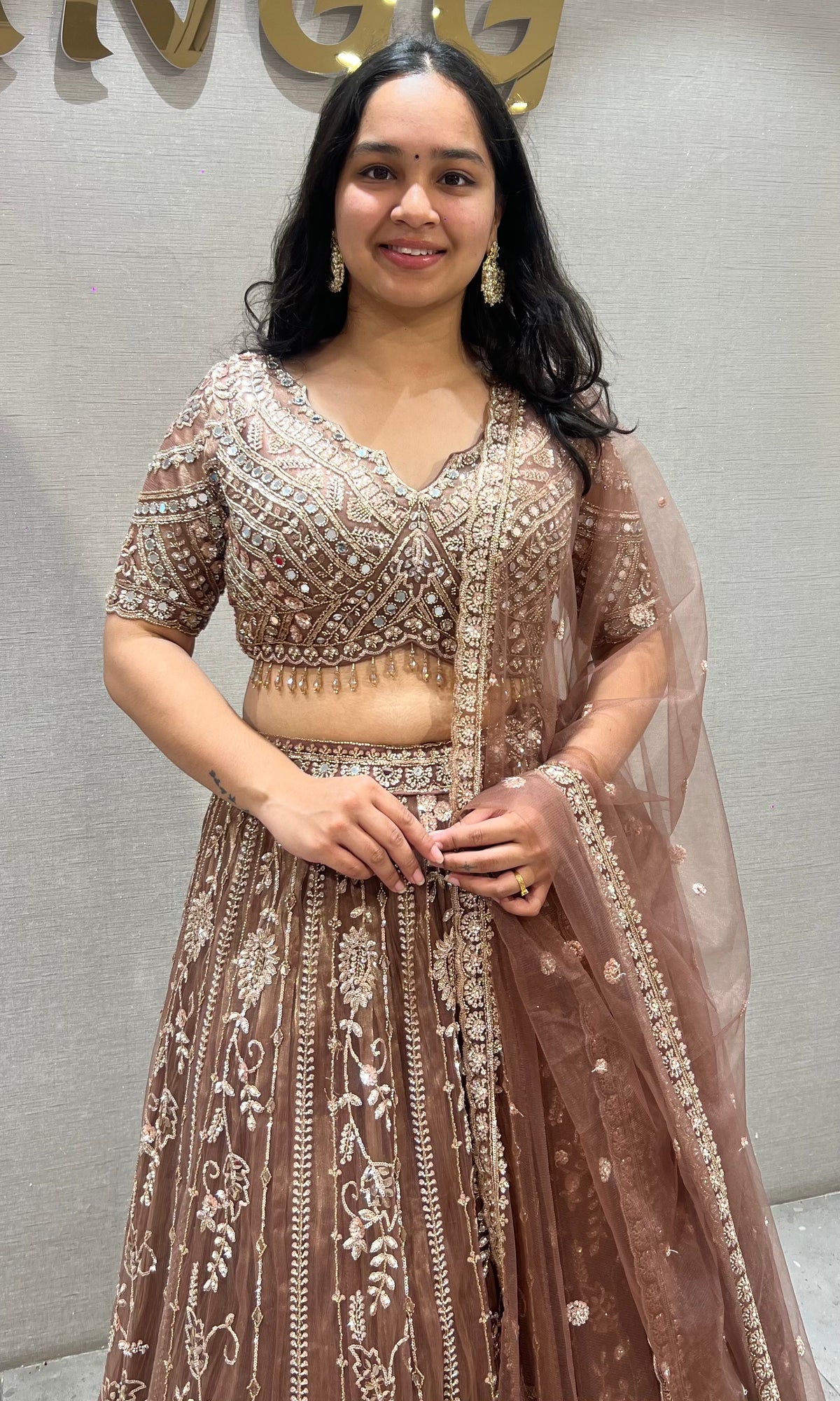 Mocha Brown Embellished Net Lehenga Choli Set