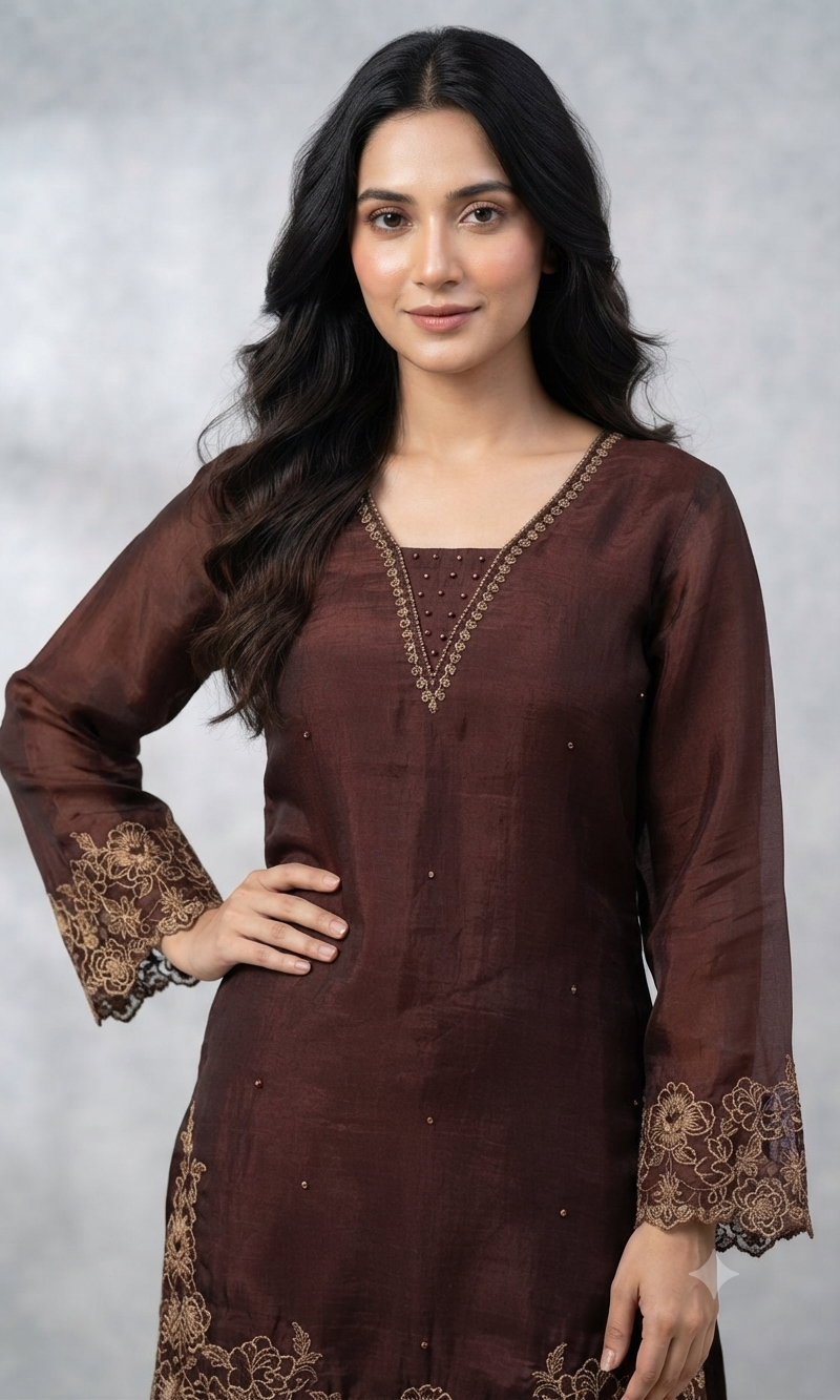 Brown floral farsi salwar kurta set
