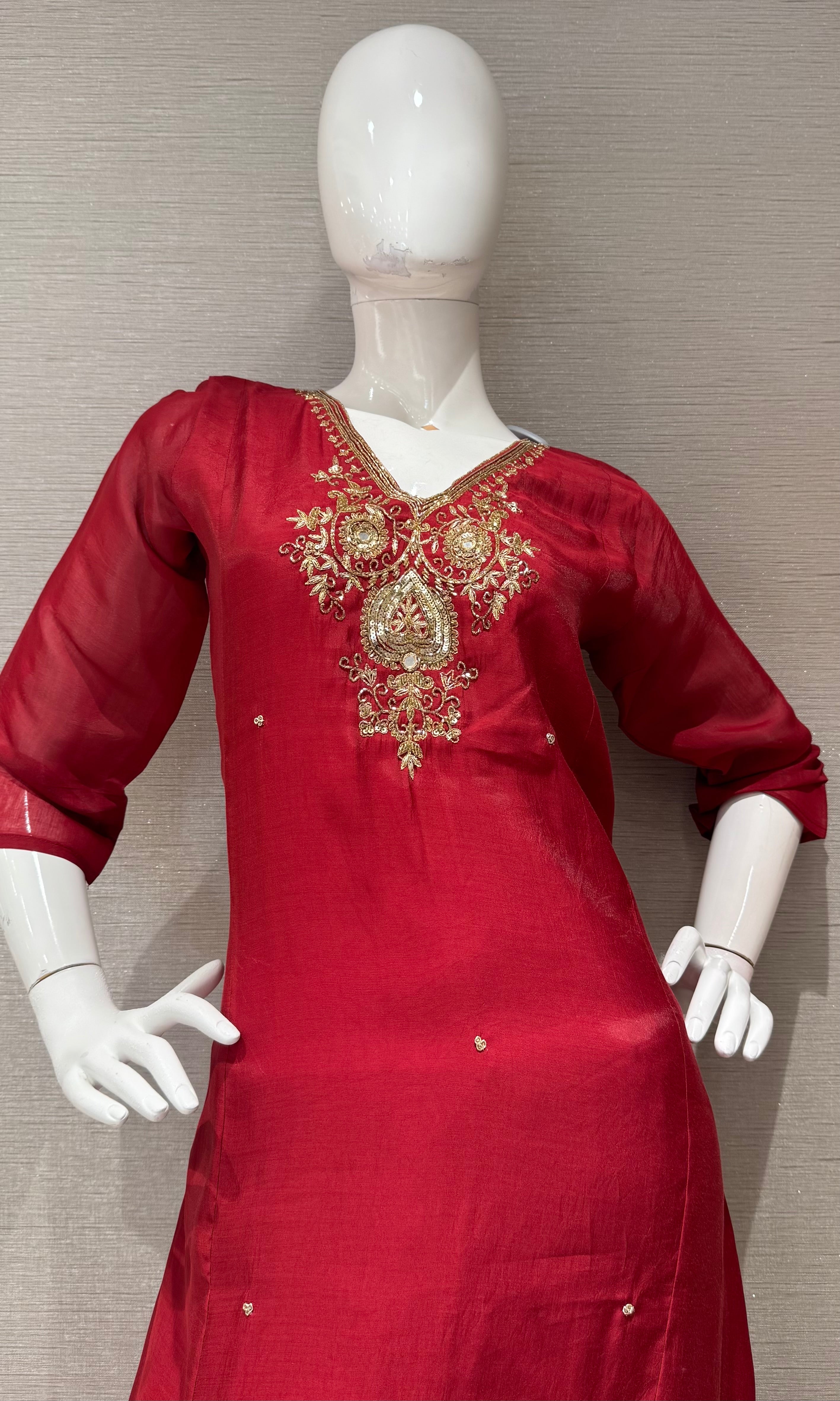 Maroon embroidered Silk Kurta Set with Sheer Dupatta