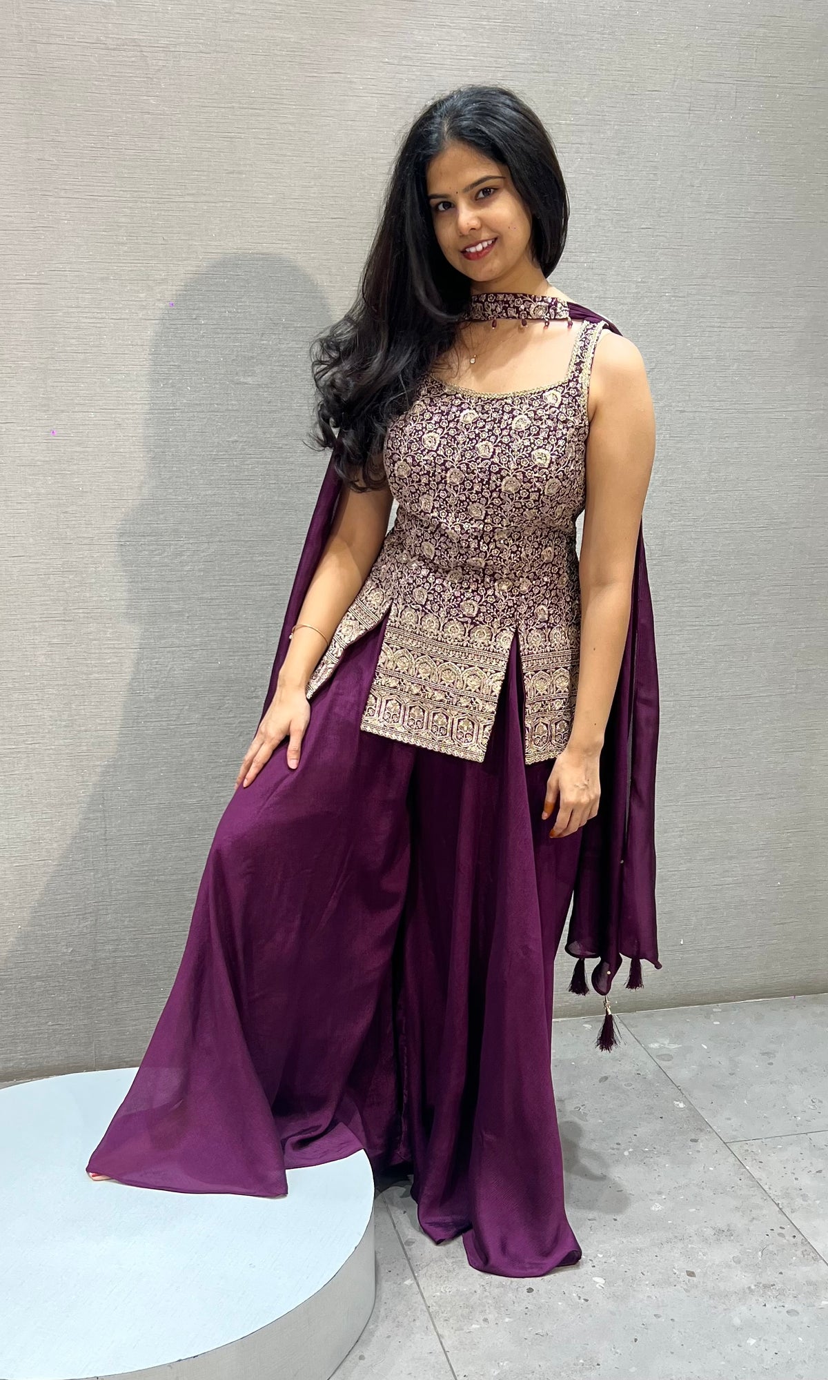 Wine silk Embellished Peplum Palazzo Set with dupatta