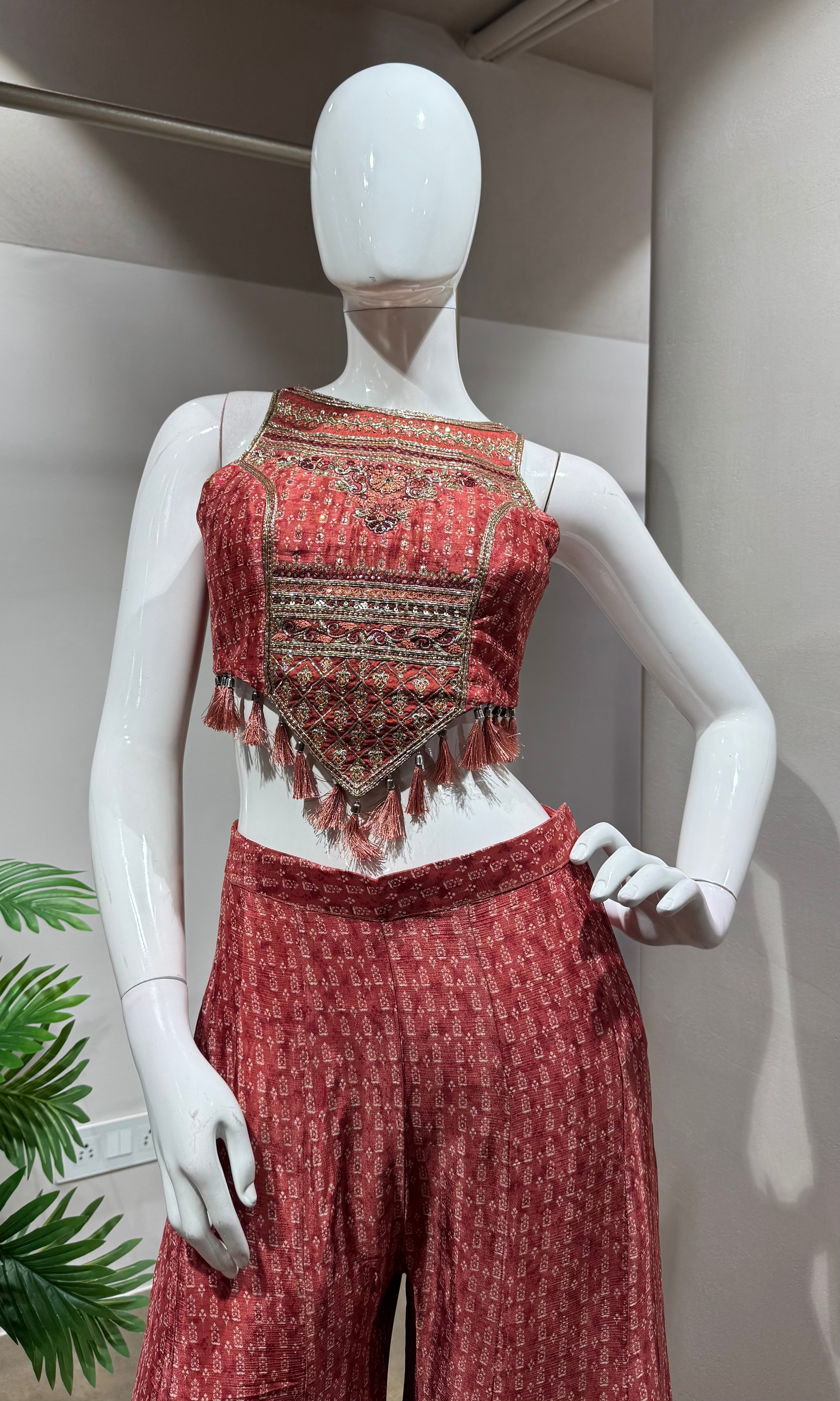 RUST EMBELLISHED BLOUSE WITH PLAZZO PANTS