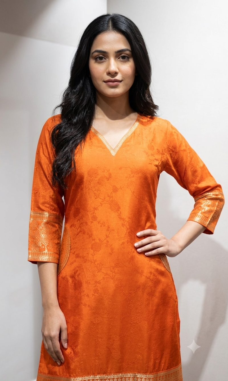 Orange Silk Straight Kurta Set with Gold Border