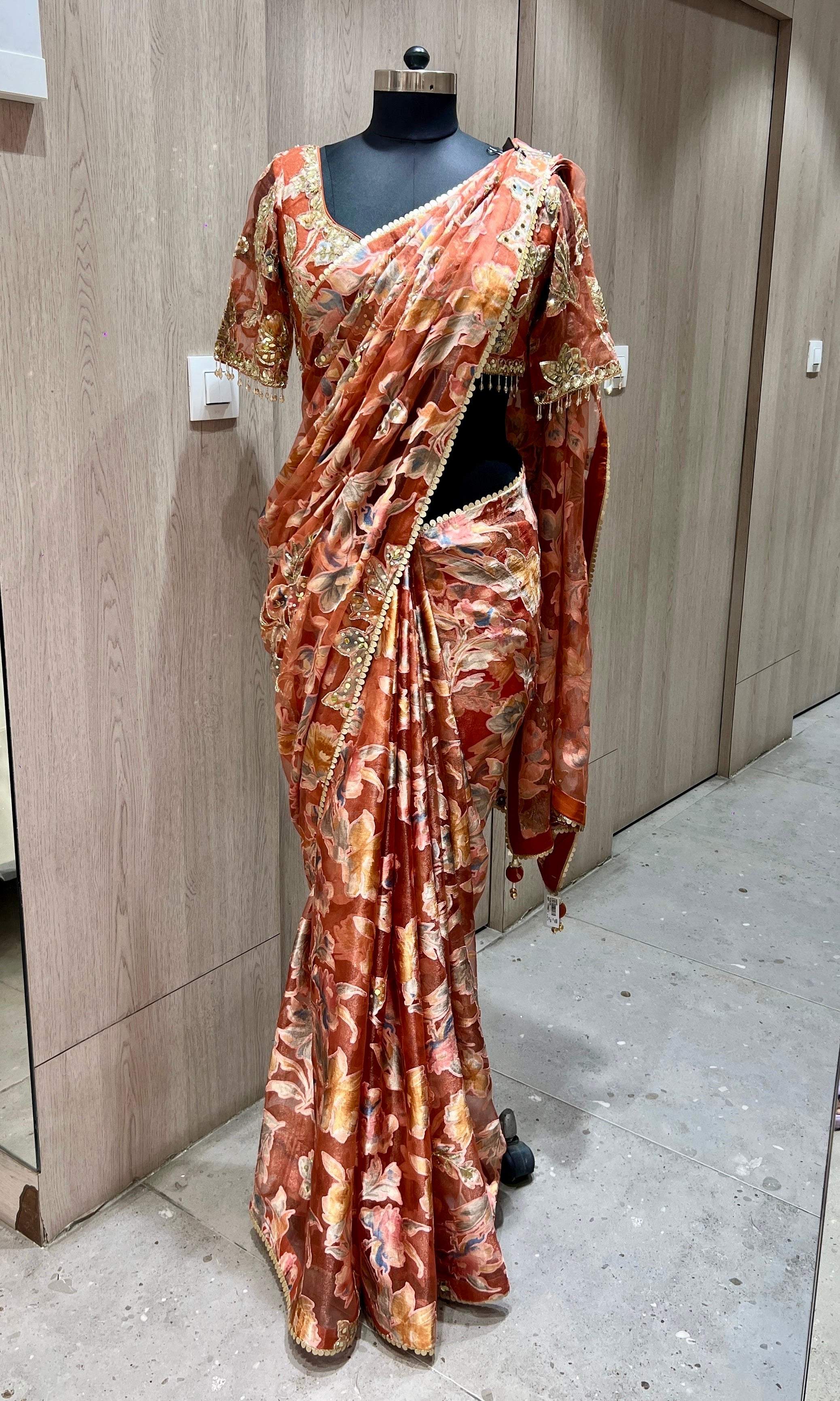 Rust orange saree with ready blouse