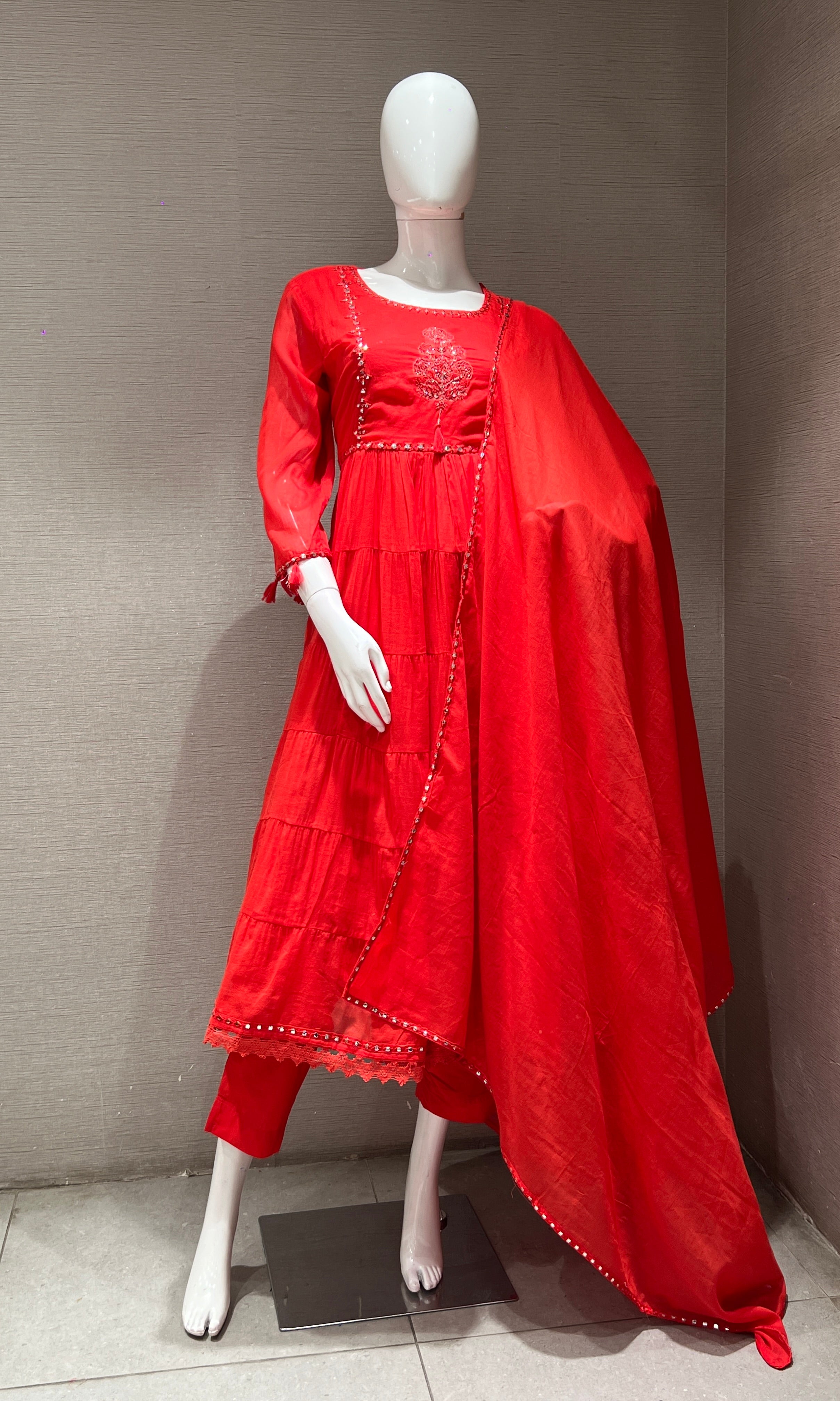 Red FLORAL MUL CHANDERI ANARKALI SET