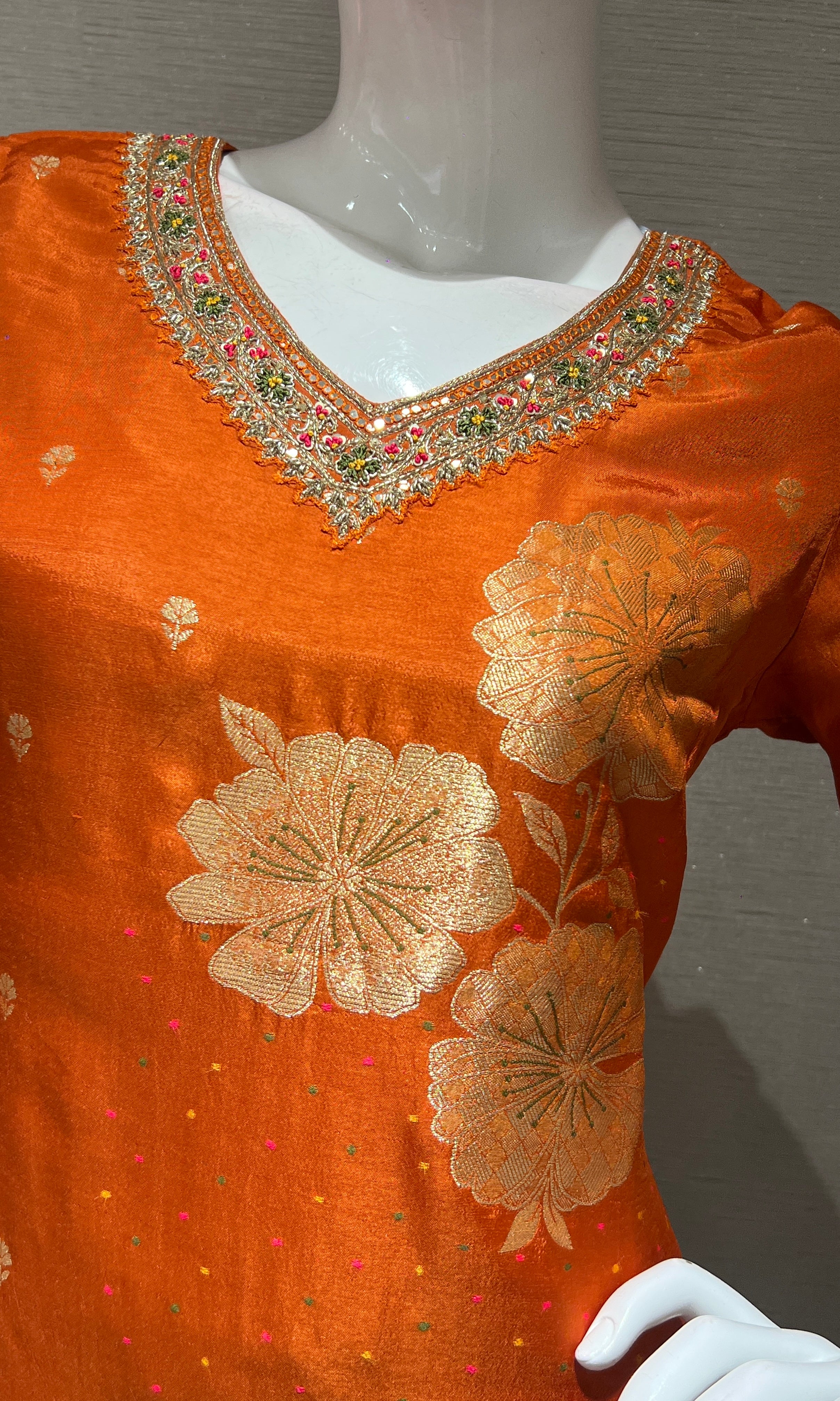 Orange golden floral Kurta Set