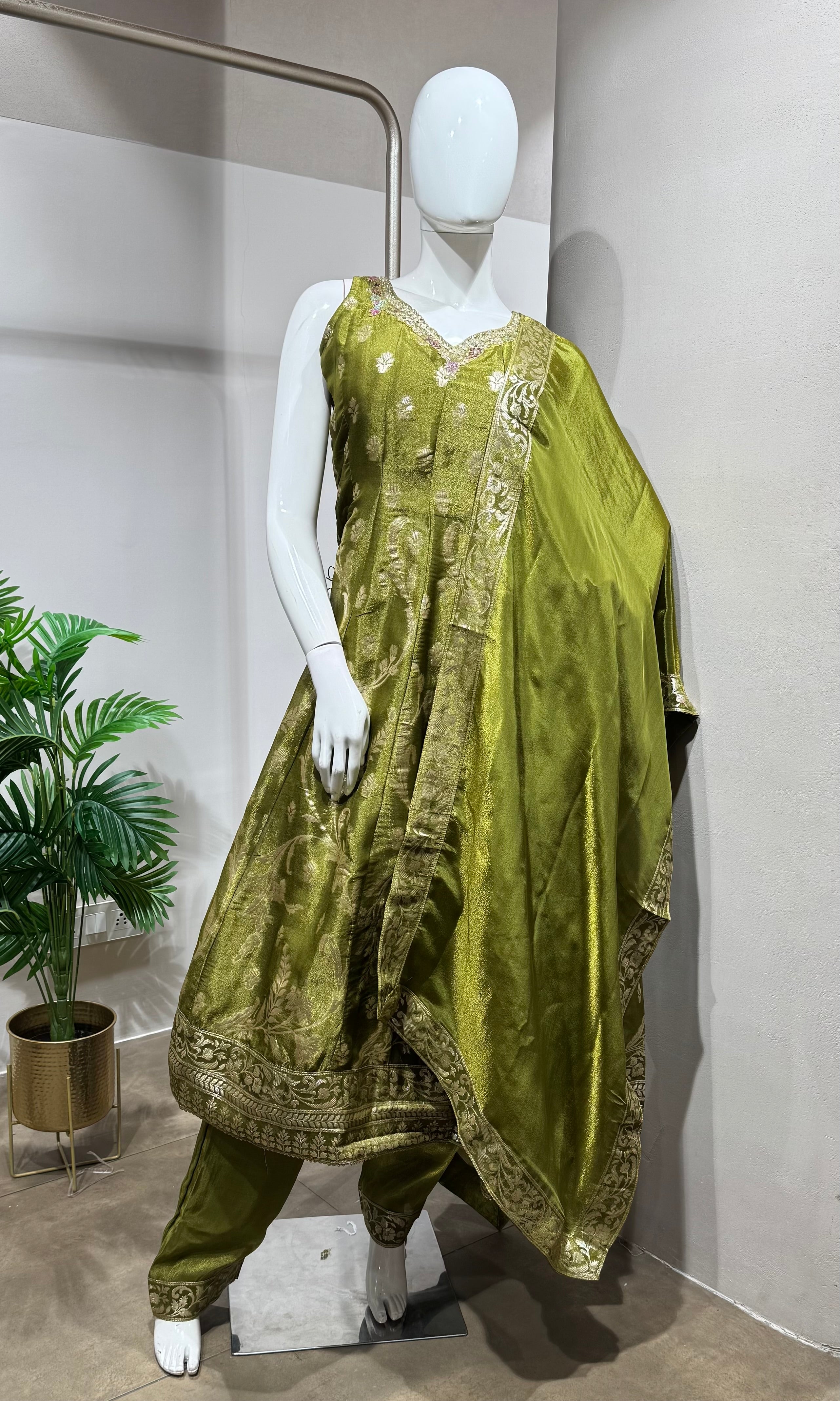 green embroidered silk ANARKALI suit set