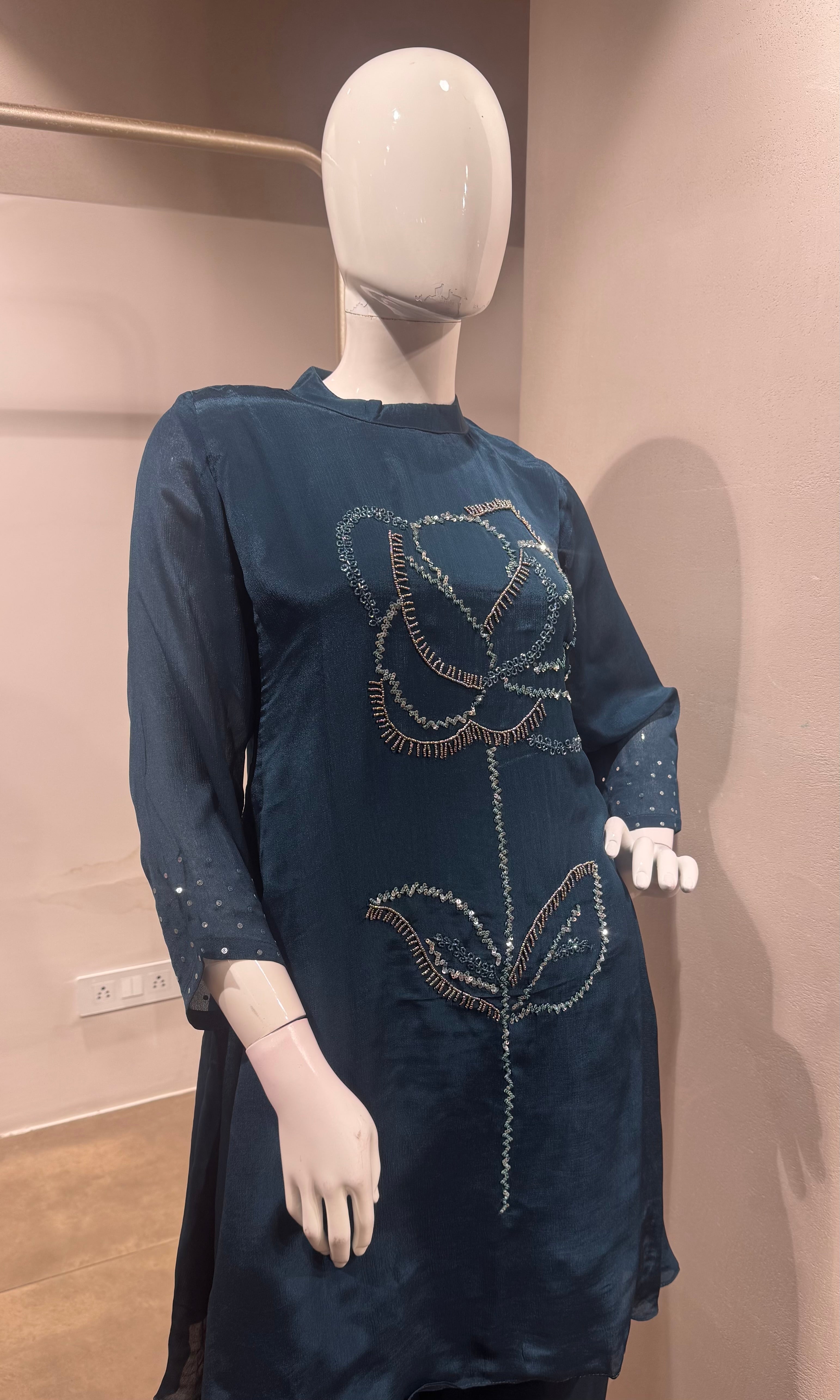 Teal Blue floral kurti with bottom