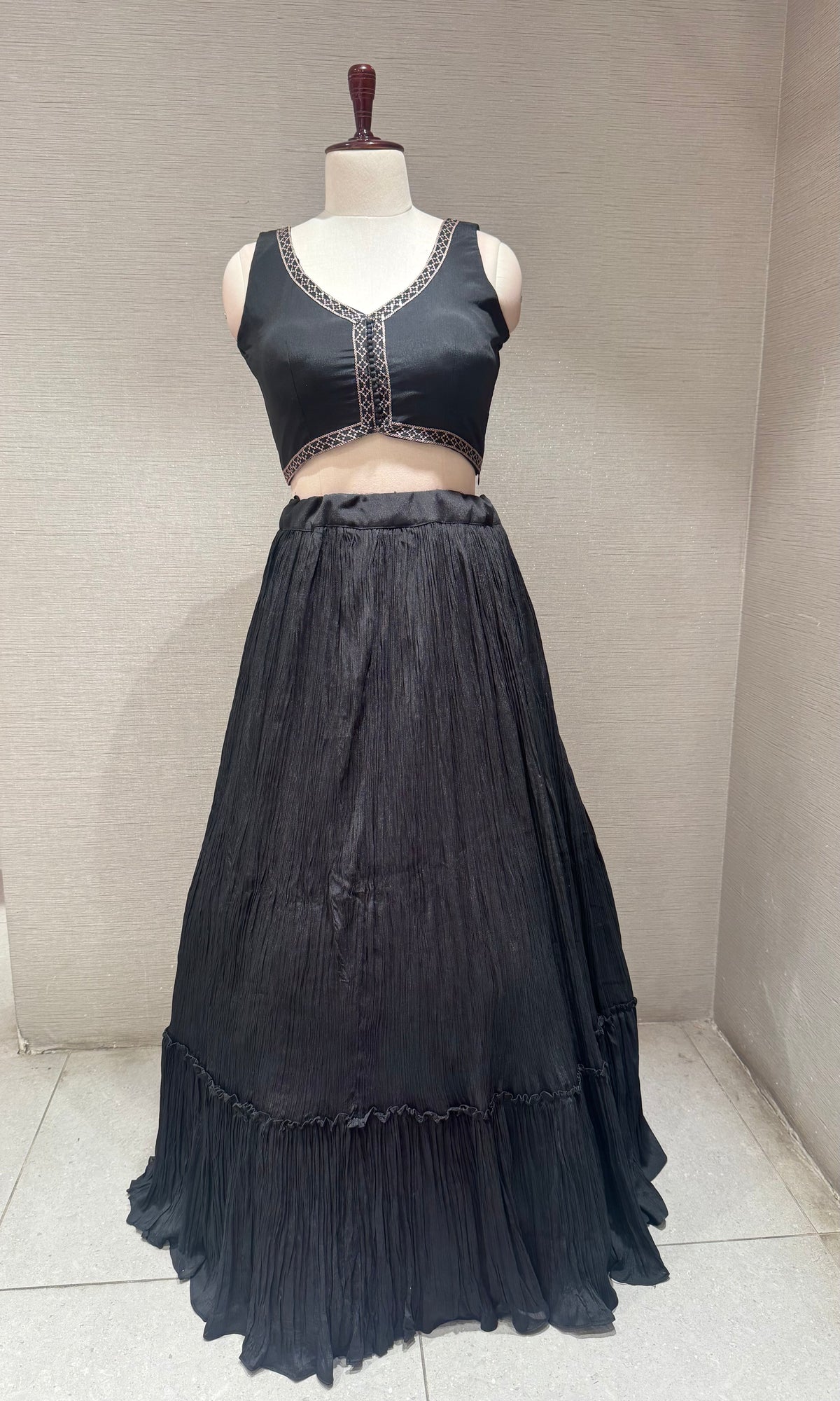 Black Embroidered Crop Top Lehenga Set with Maxi Shrug