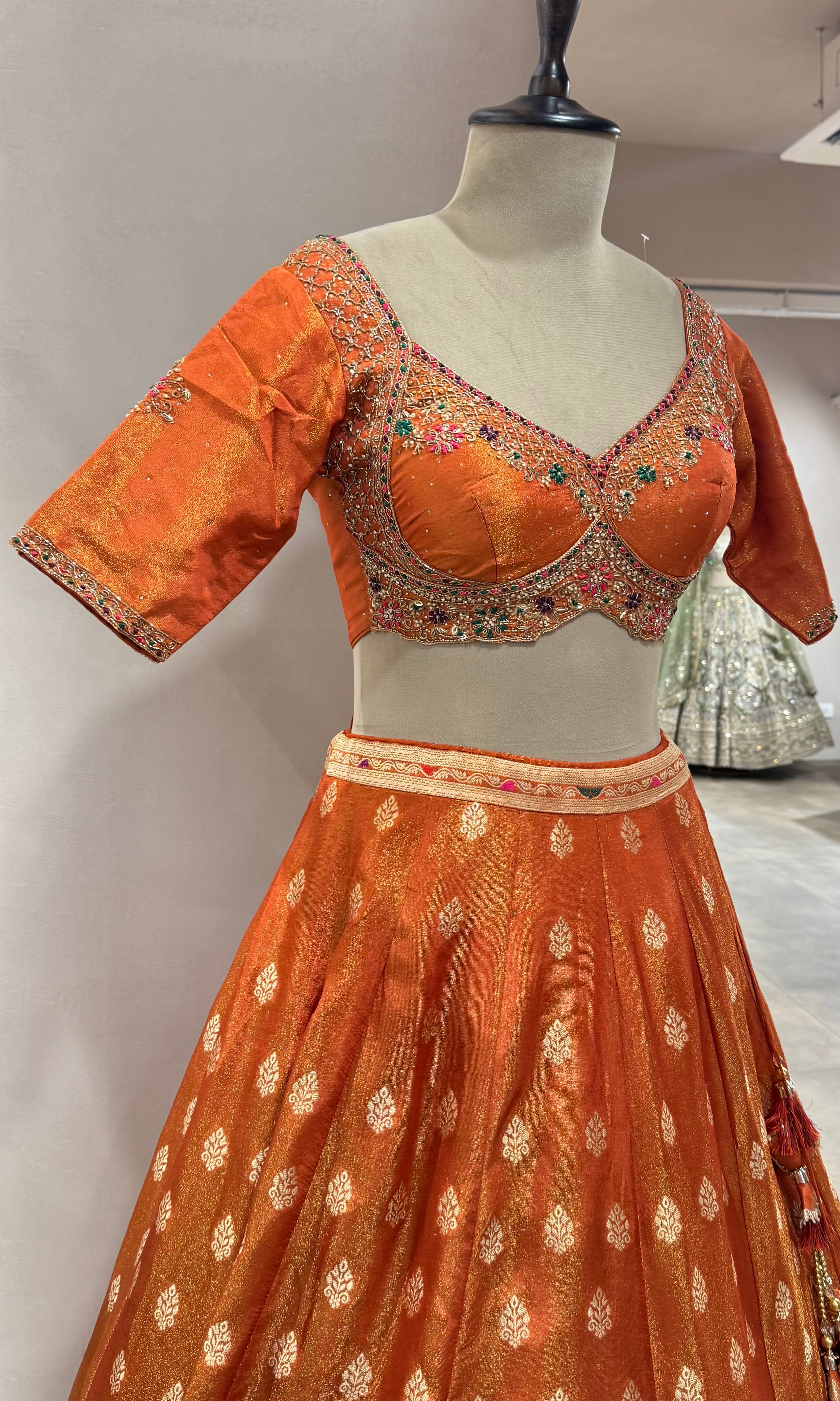 RUST BANARASI EMBROIDERED LEHENGA