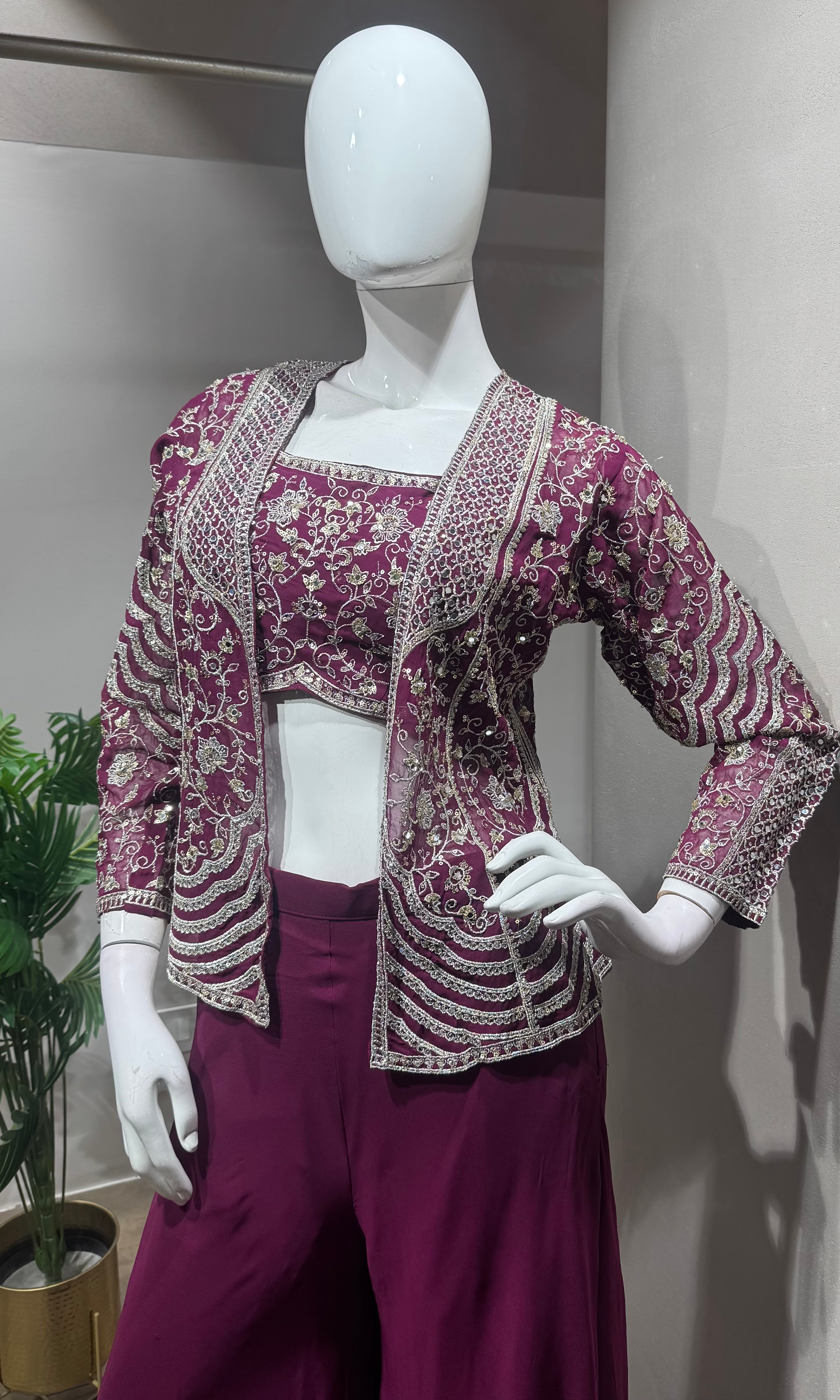 Wine Embroidered Jacket Palazzo Set