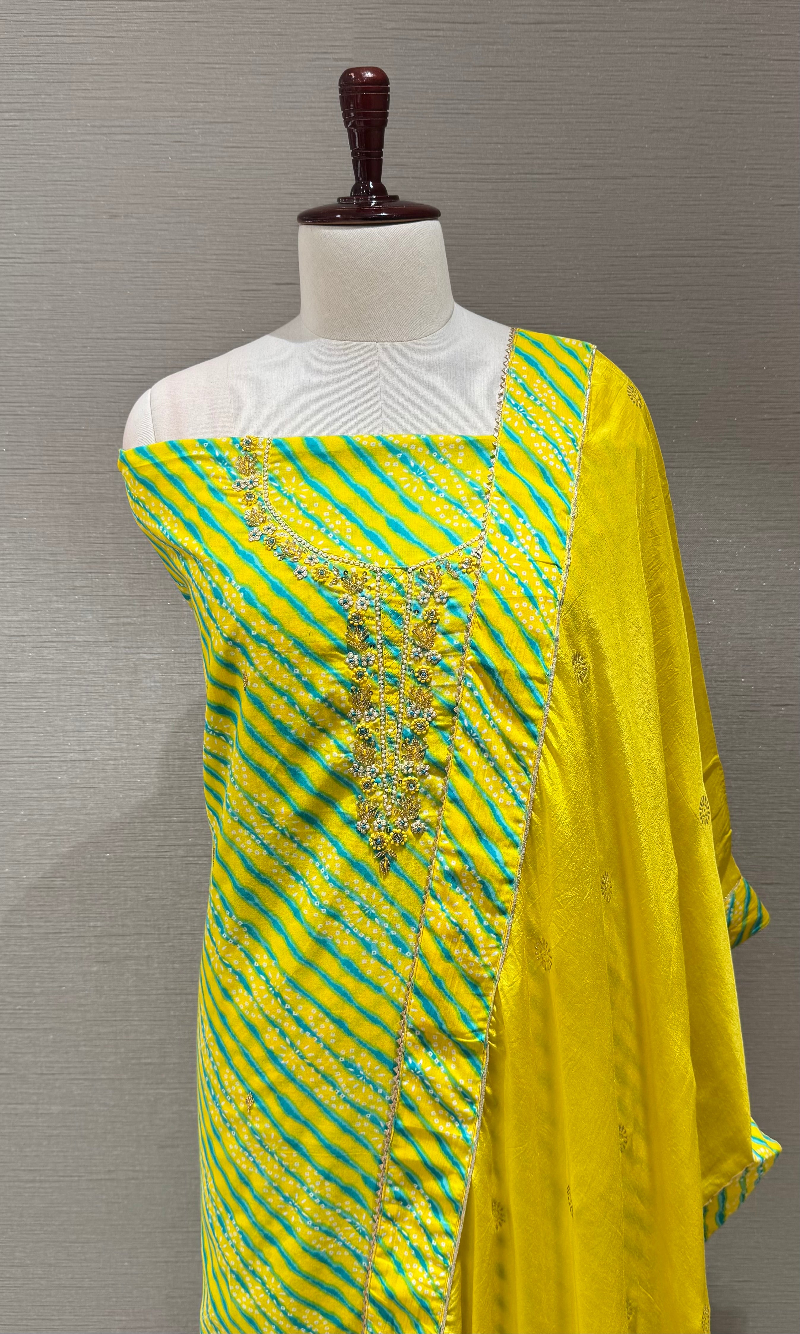 Yellow Leheriya Print Dress Material