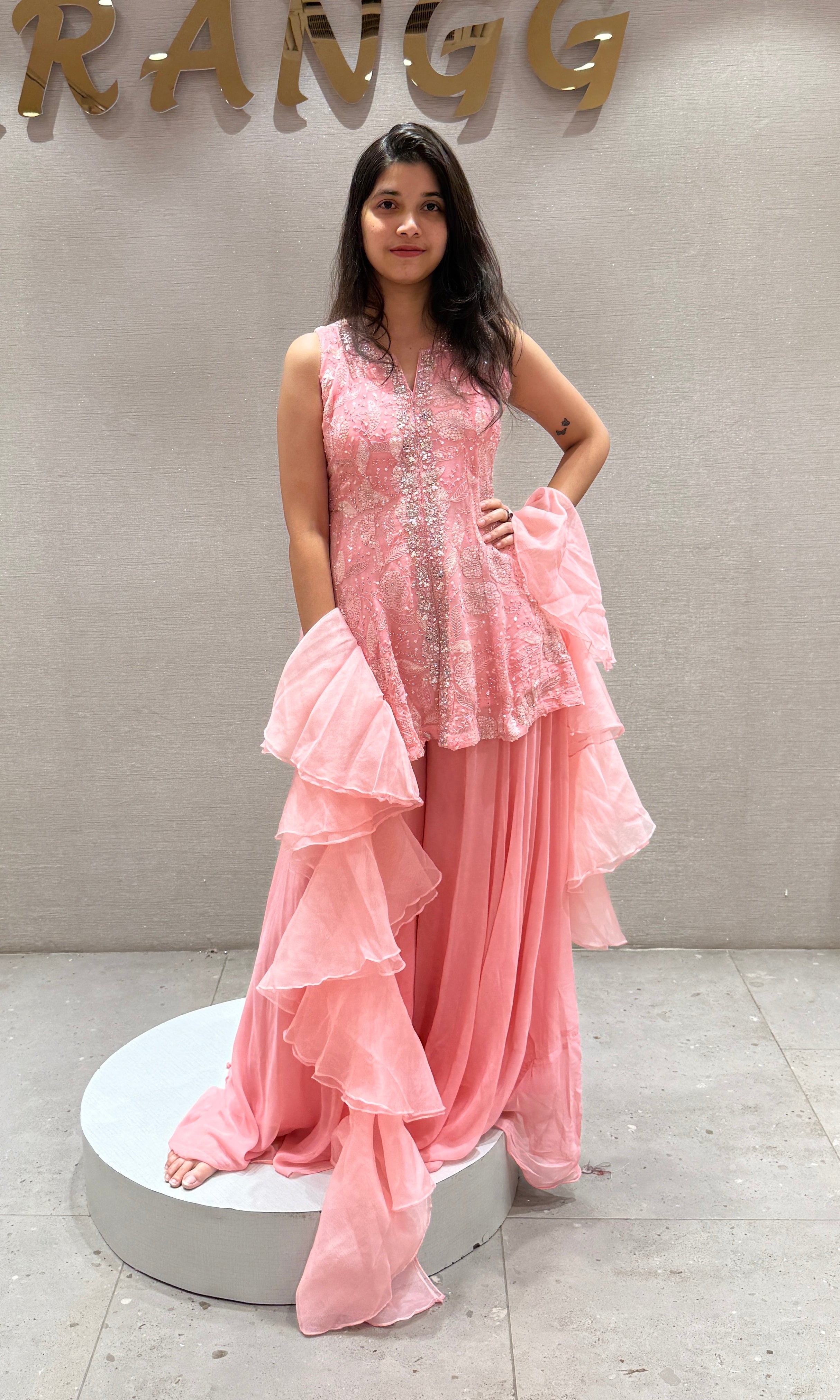 Blush Pink Embroidered Ruffle Palazzo Set