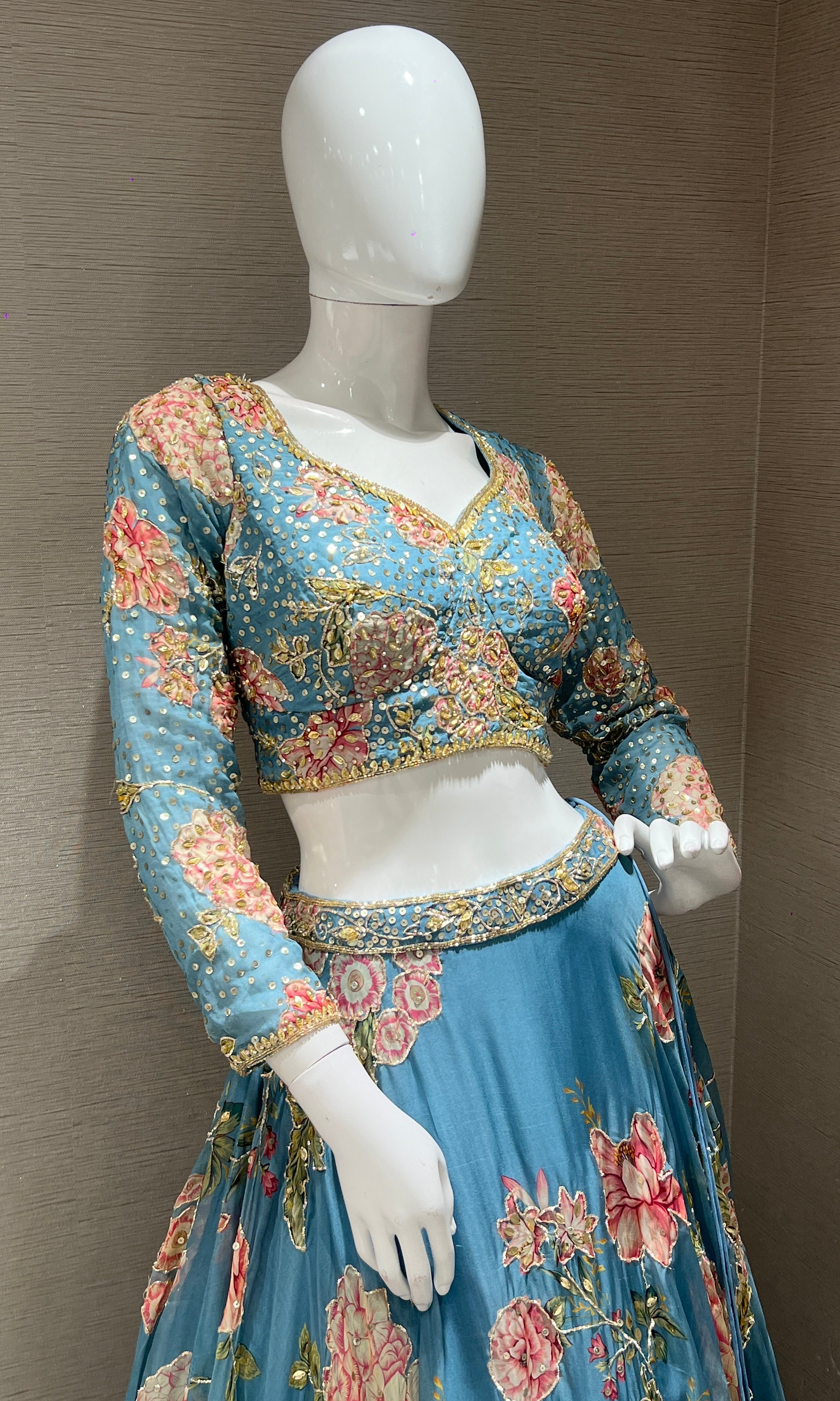 Light Blue Floral Embroidered Lehenga