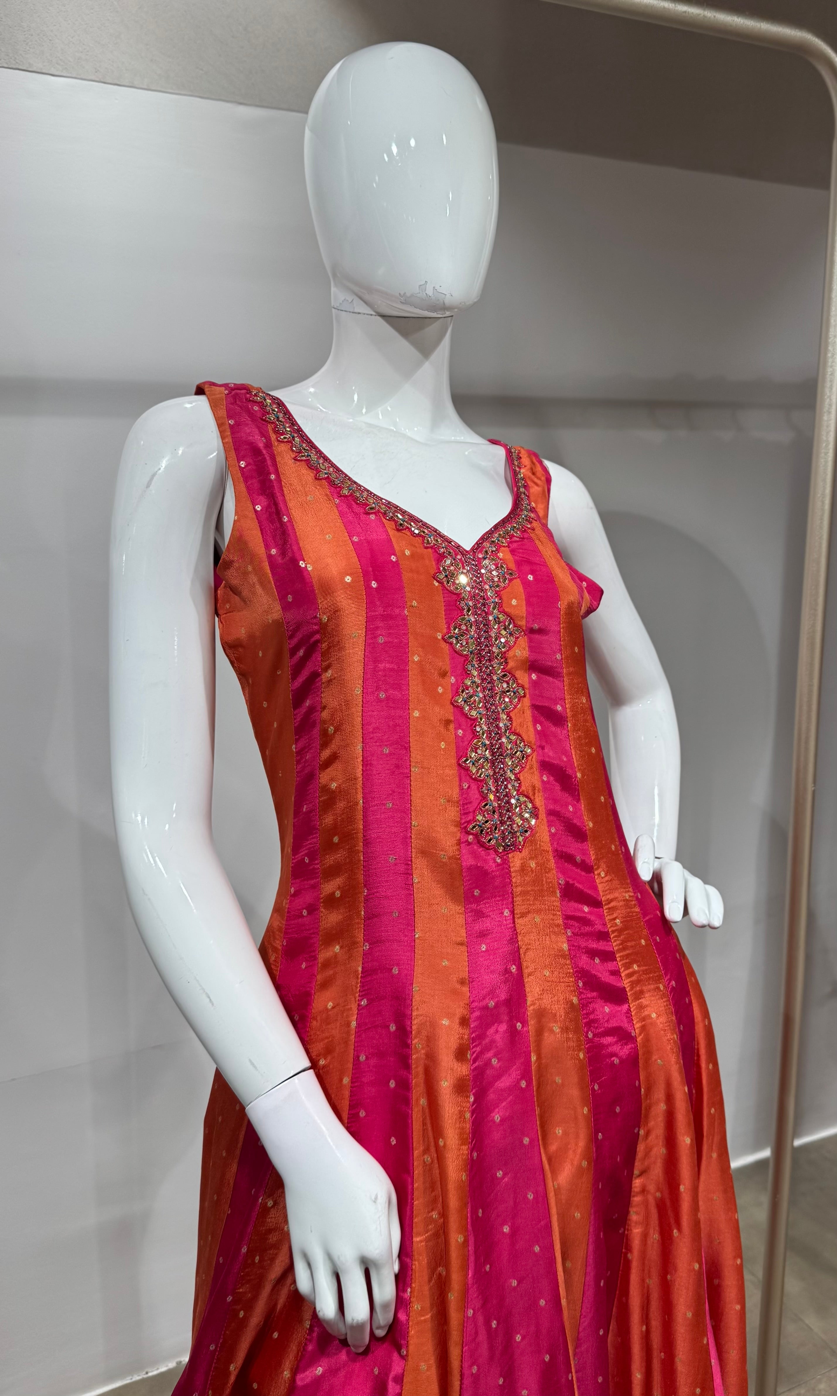 Rani Pink & Sunset Orange Striped Anarkali Set