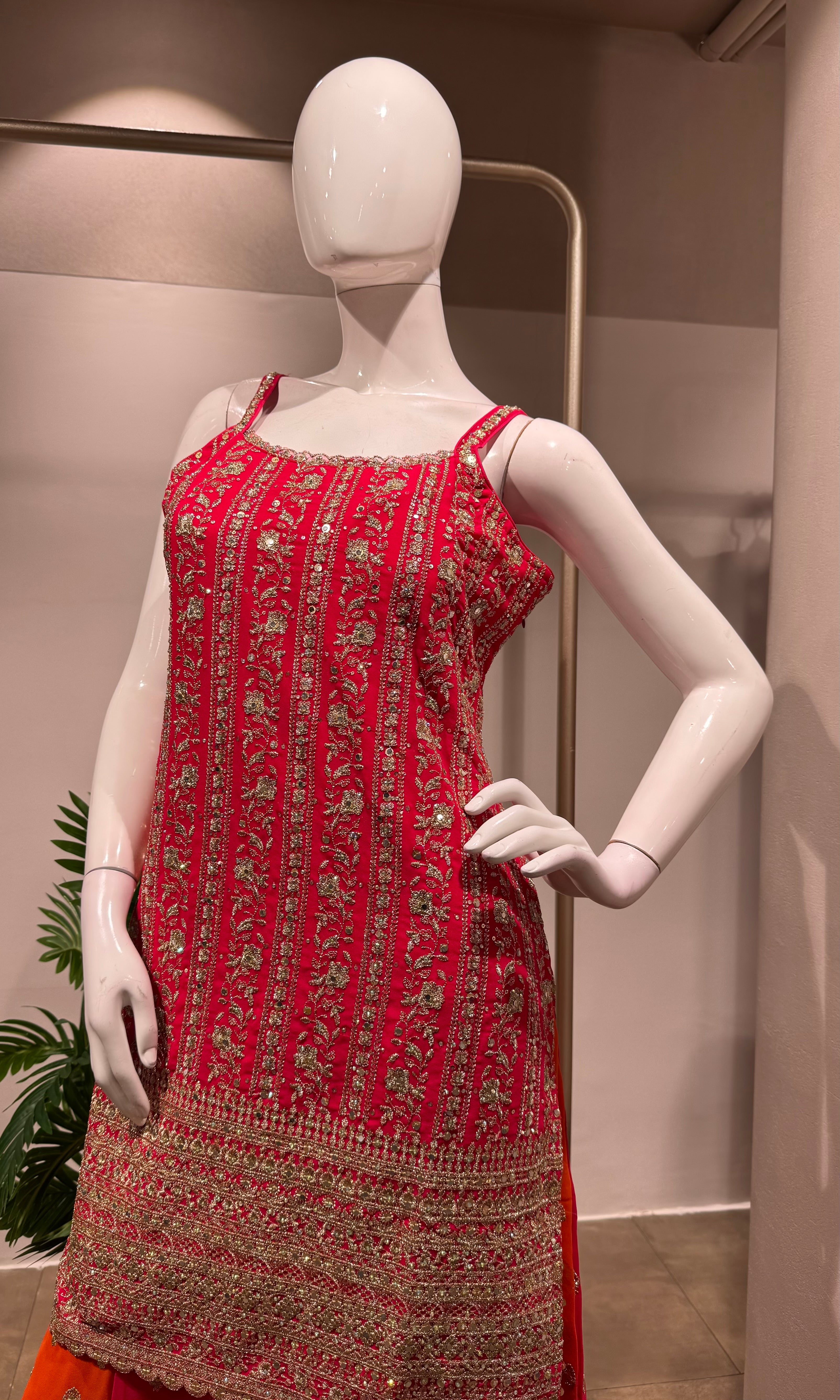 PINK AND ORANGE EMBROIDERED SHARARA SET