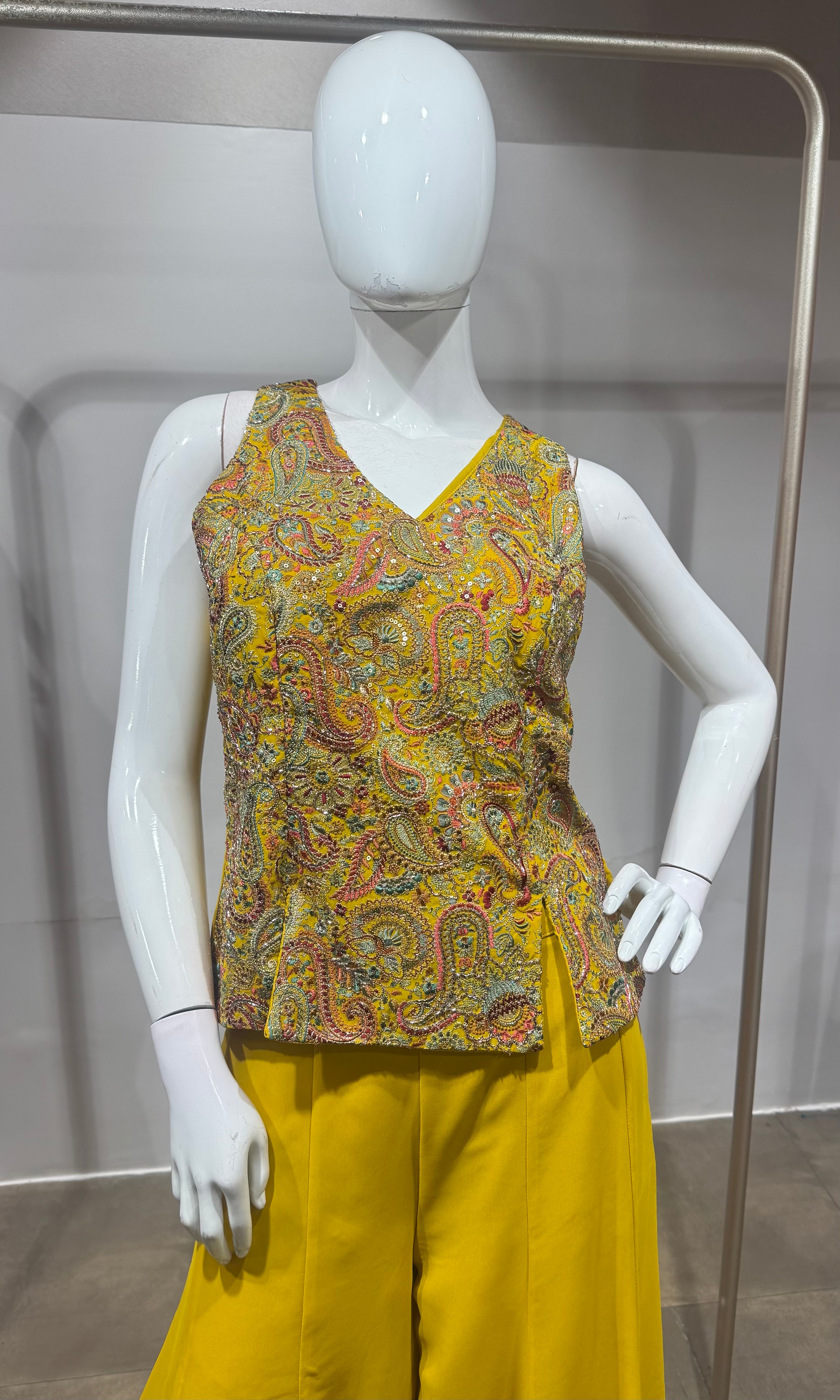 Yellow Embroidered Peplum Palazzo Set