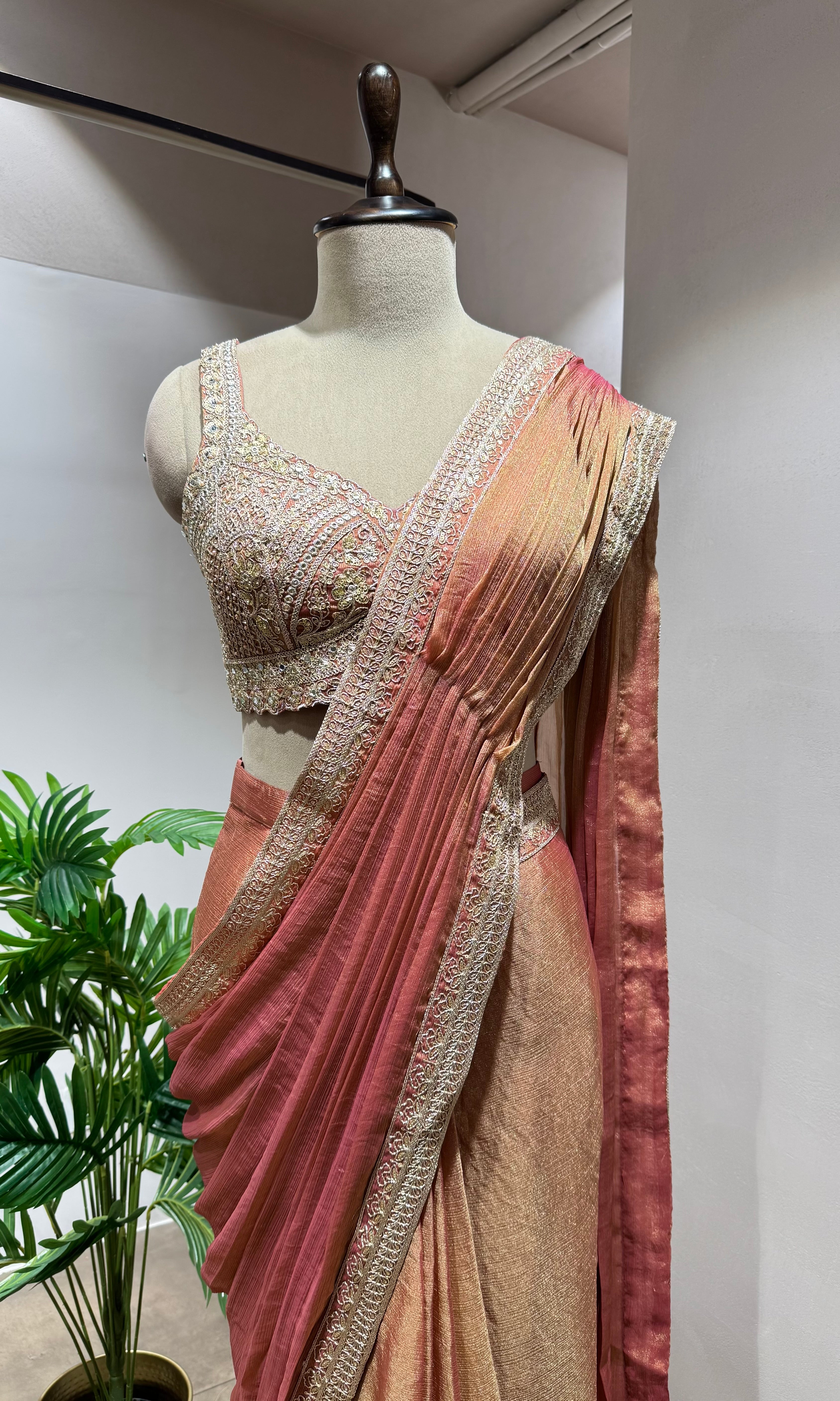 RUST PLEATED DRAPE Saree with EMBELLISHED Blouse