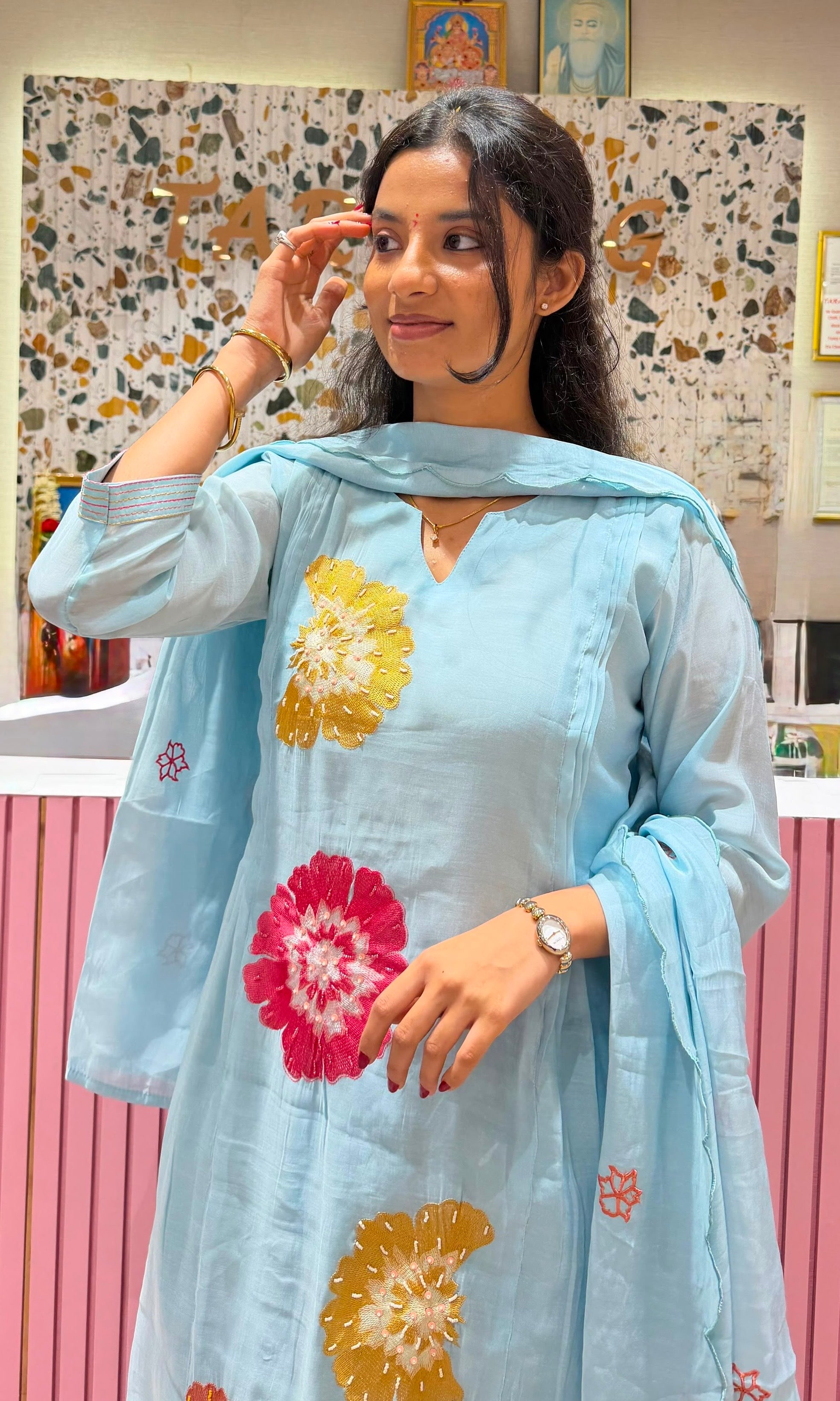 sky blue cotton silk Floral Motif Kurta set with dupatta