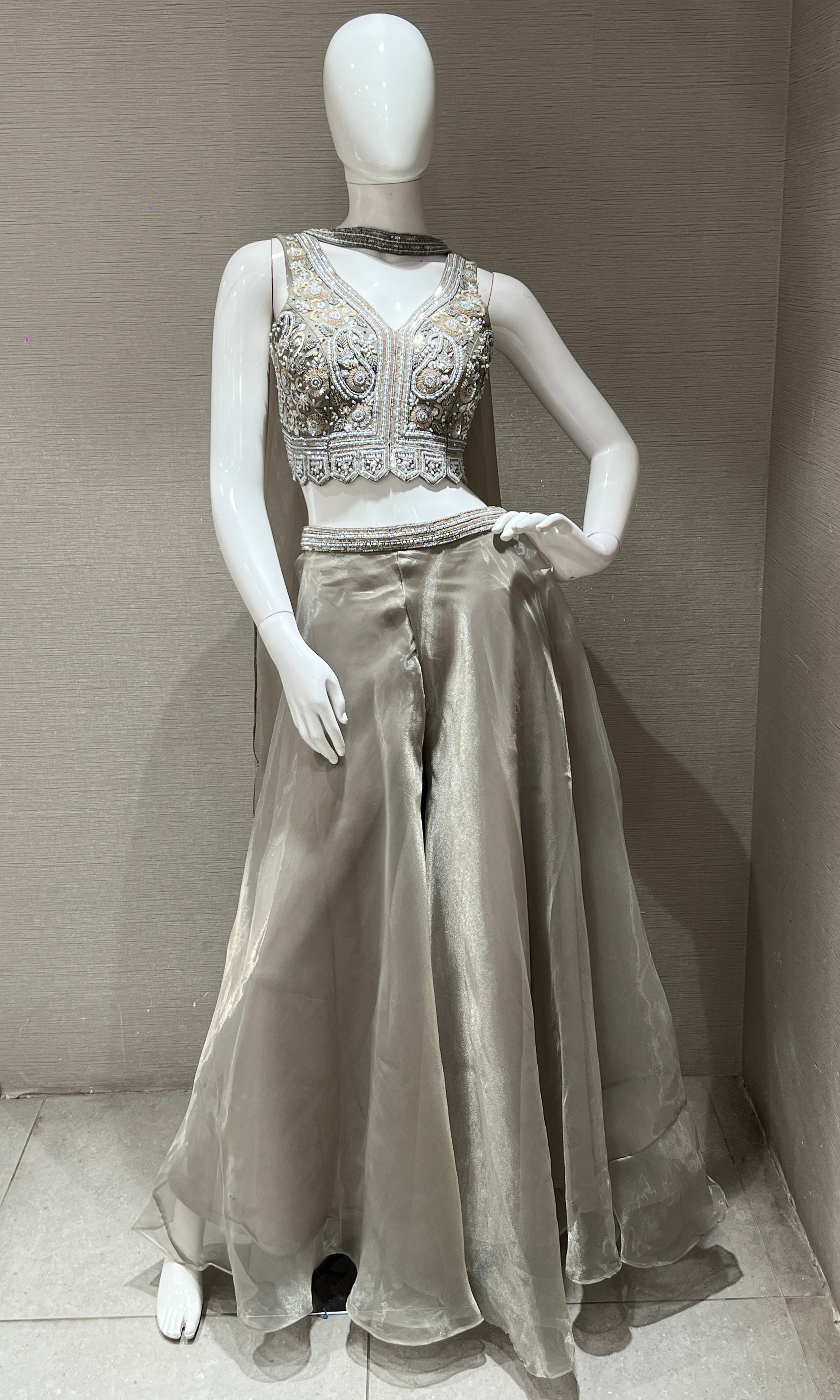 Grey Sequined Embroidered Palazzo Set