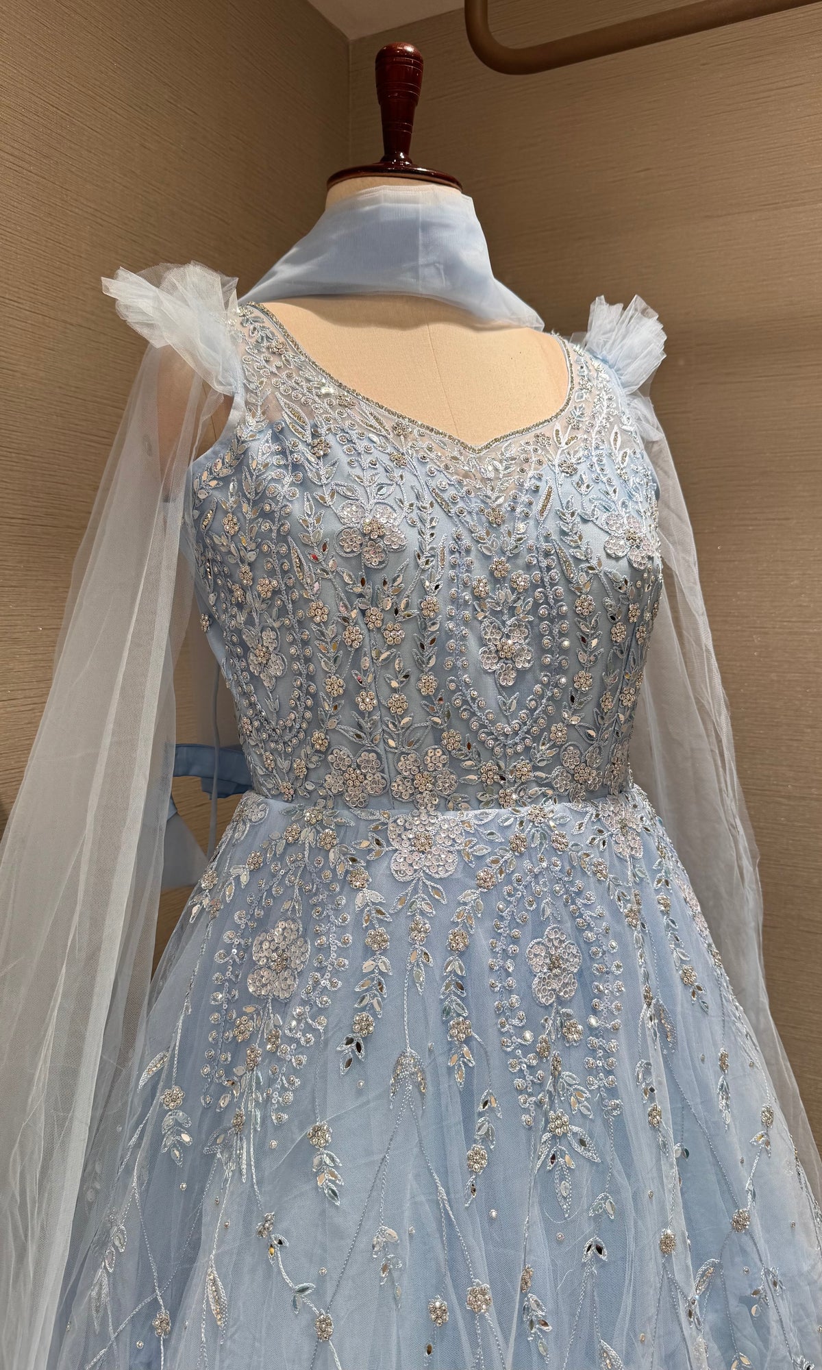 Sea Blue Tulle Ballgown with Floral Embroidery