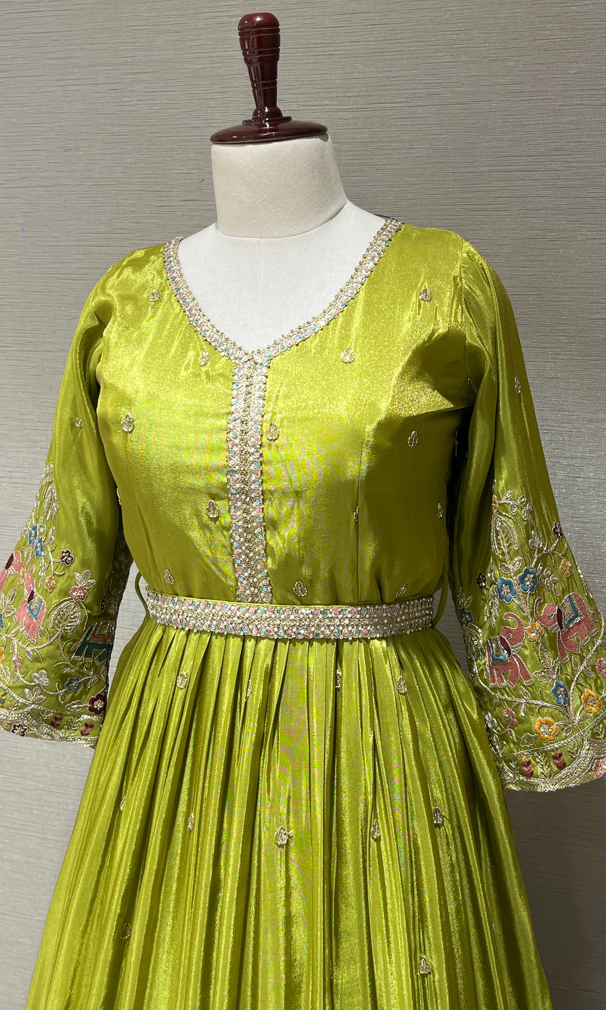 Parrot Green Anarkali Long Gown with Multicolor Thread Work
