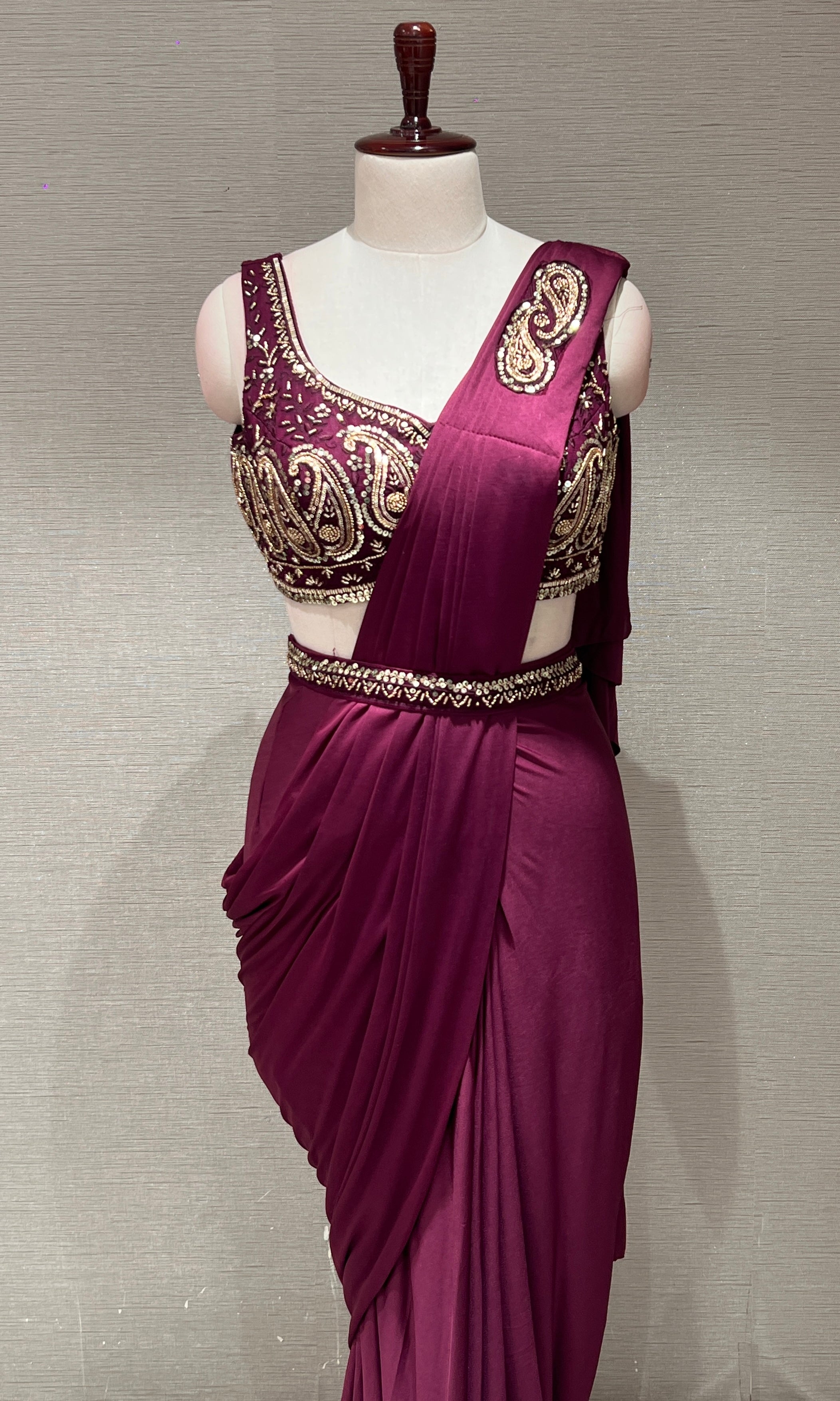 WINE Embellished Drape Saree WITH BLOUSE & BELT