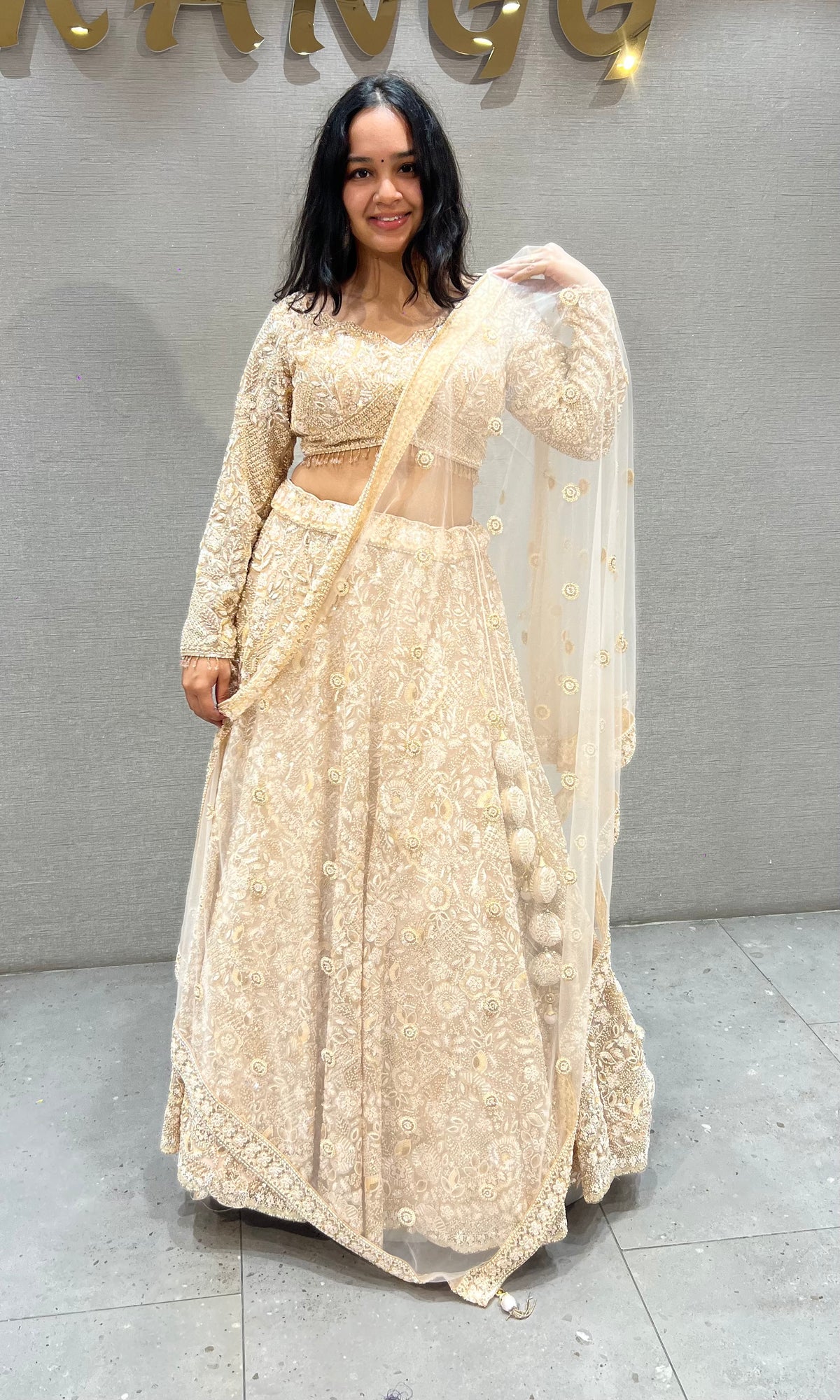 Champagne Cream Embellished Lehenga set with Sheer Dupatta