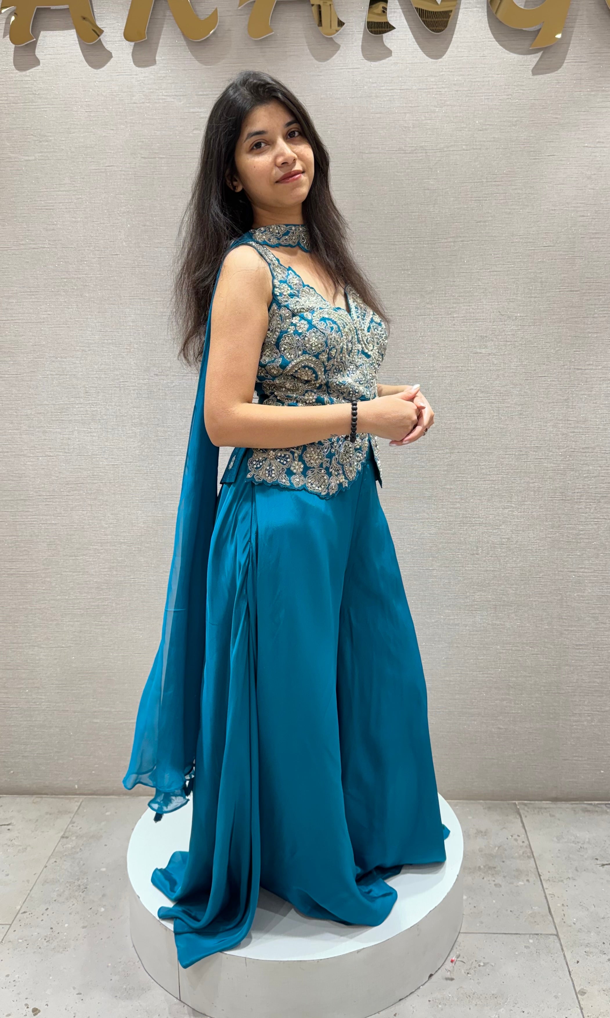 Rama blue EMBROIDERED PEPLUM PALAZZO SET