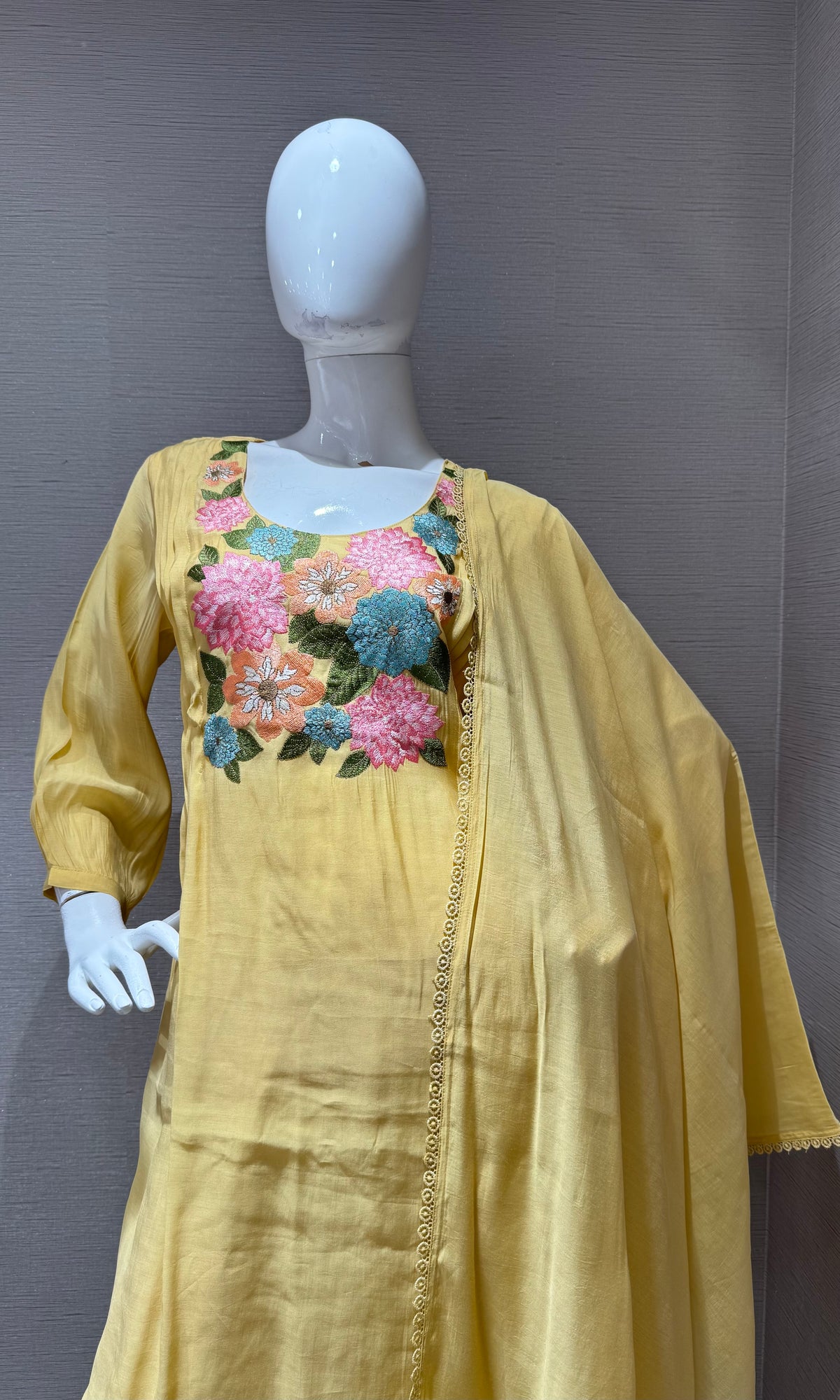 Yellow Floral Embroidered Mul Chanderi A Line Set with dupatta