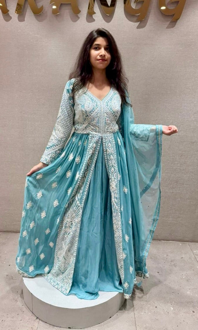 Azure Mist Chikankari Anarkali kurta Set