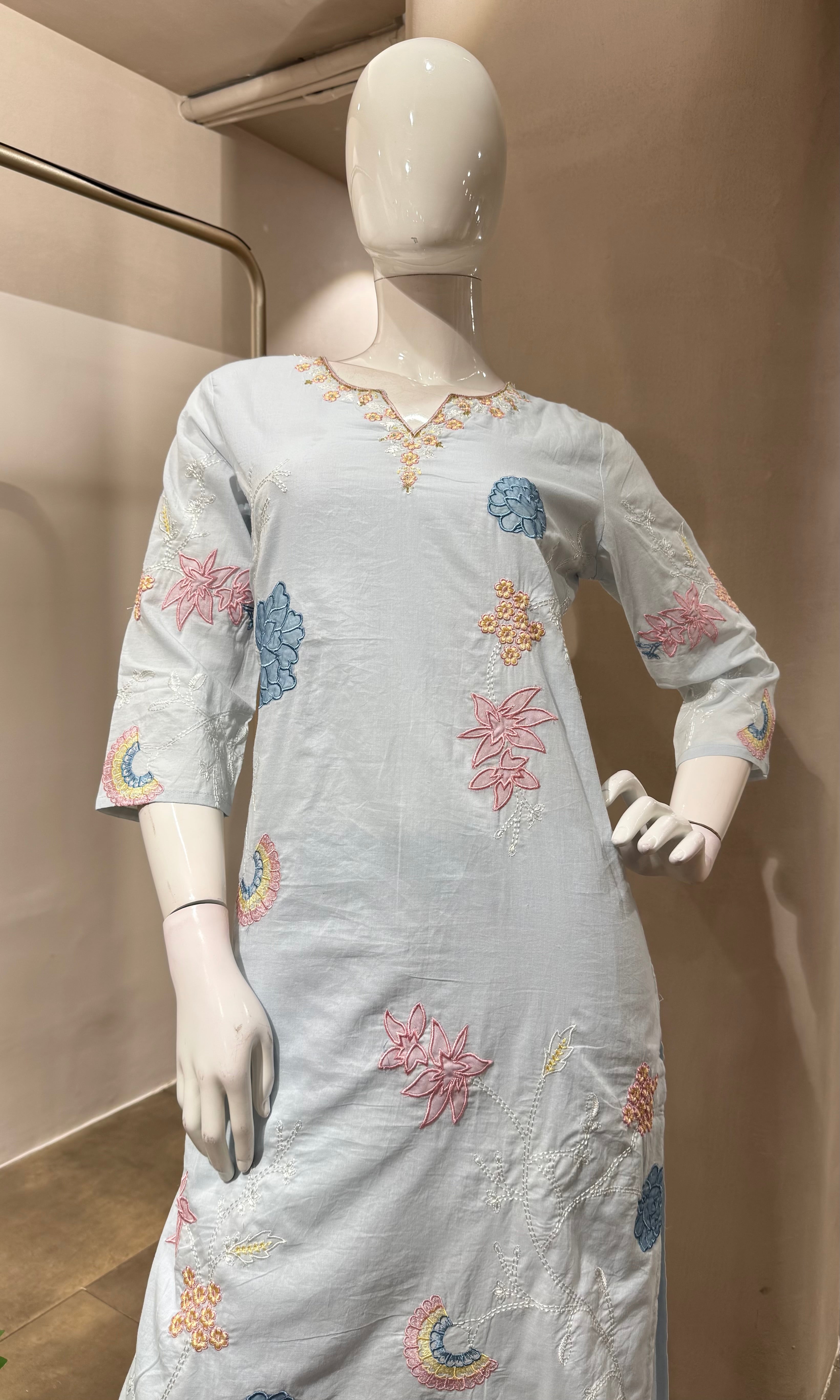 BLUE FLORAL MOTIFS COTTON KURTA SET