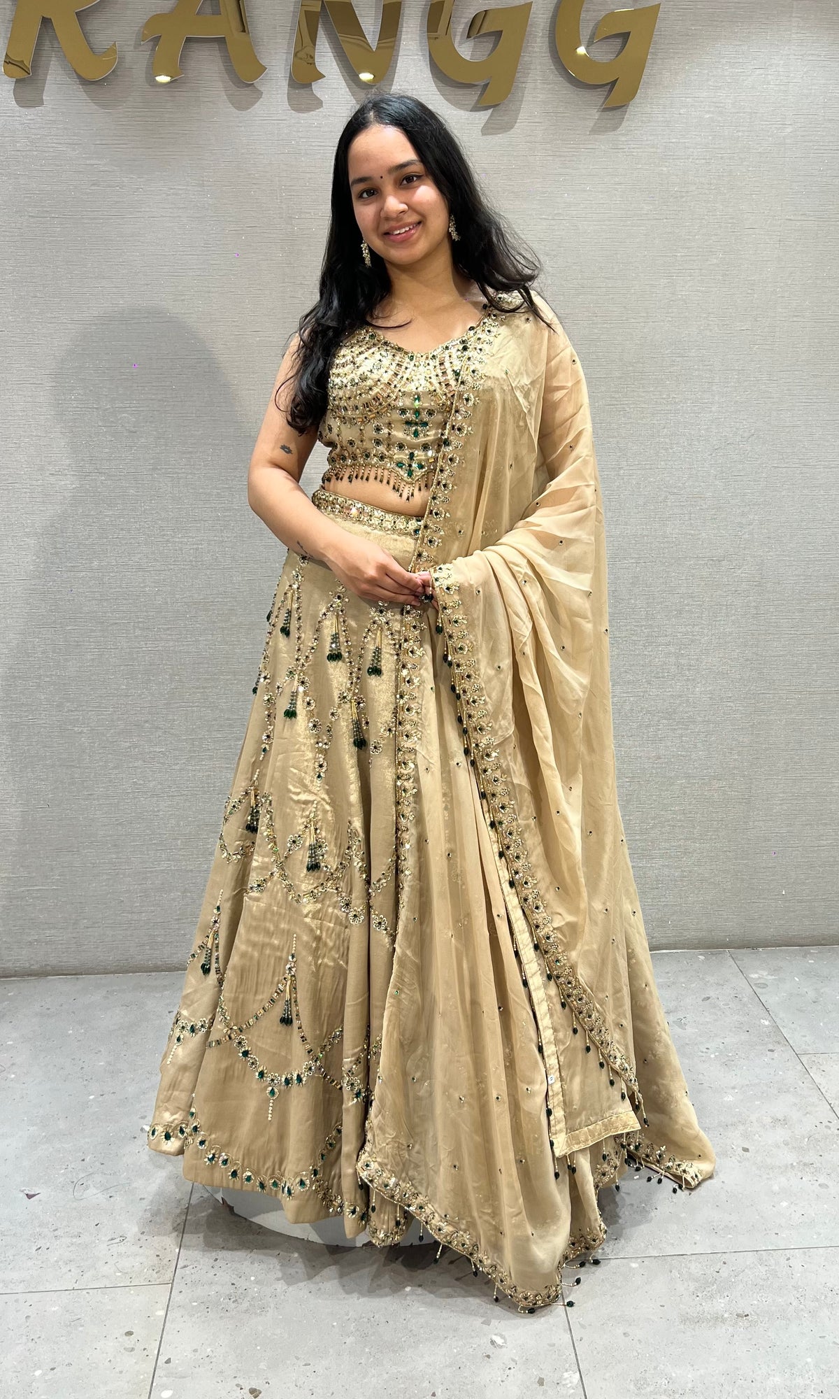 Beige Gold Georgette Embellished Lehenga Choli Set