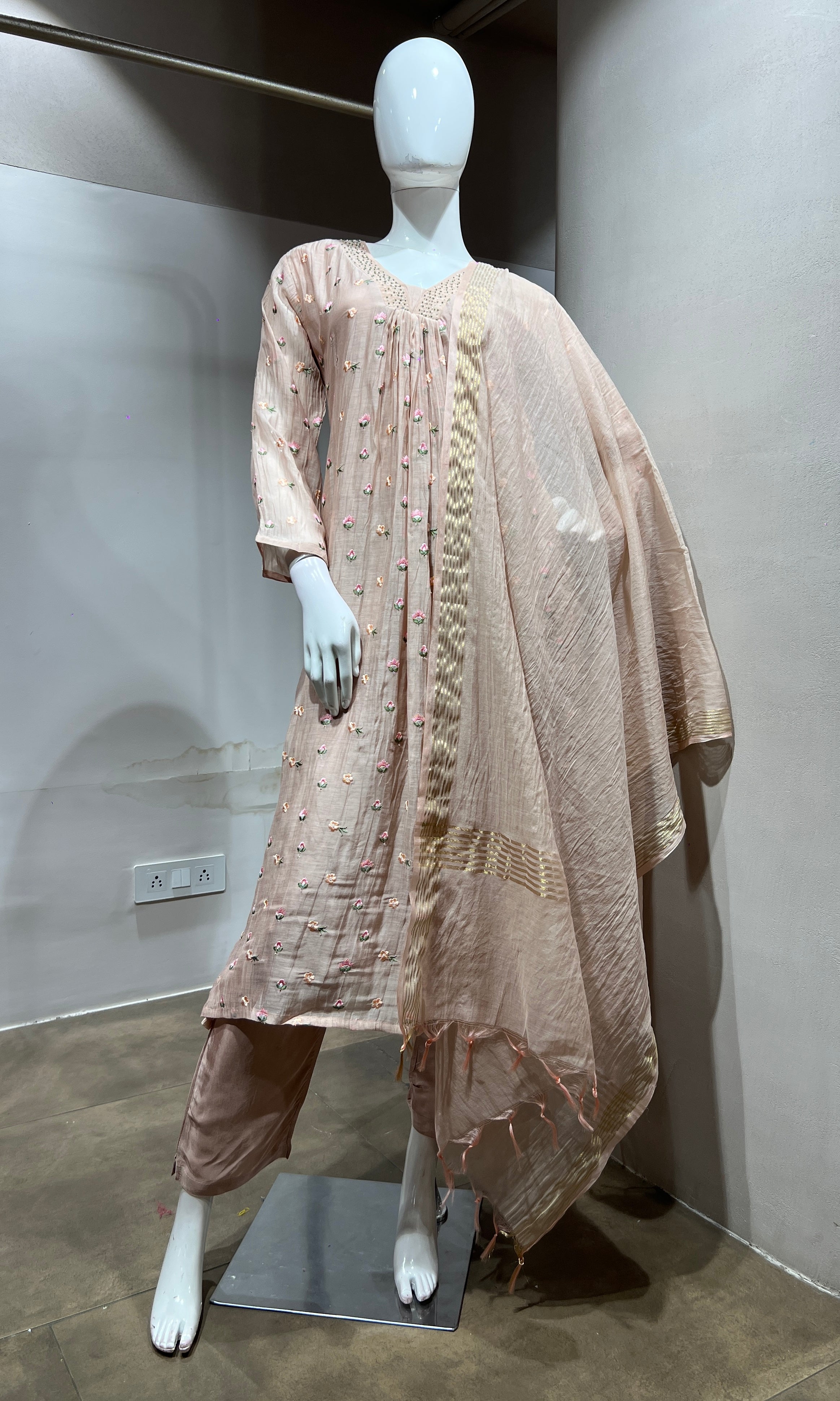 Peach Embroidered A-Line Kurta Set with Dupatta