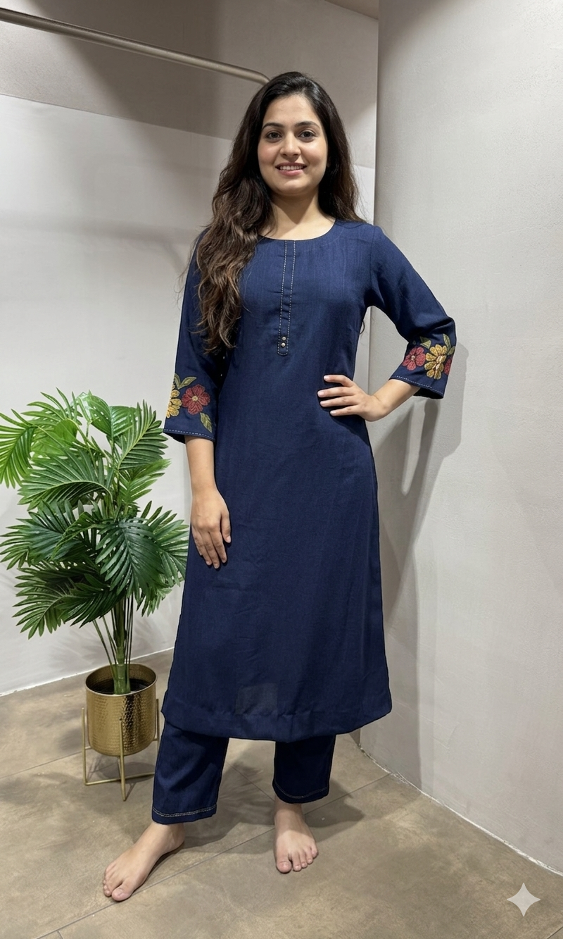 BLUE Floral Embroidery KURTI WITH BOTTOM