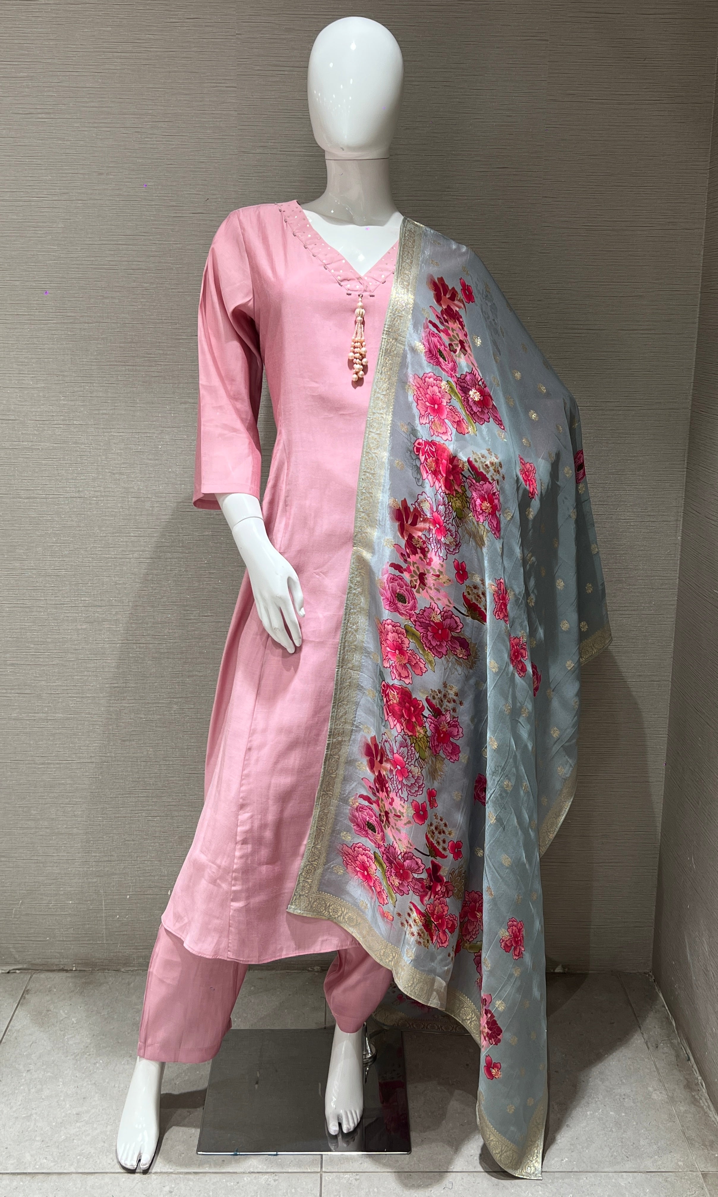 Baby pink kurta set with a floral dupatta