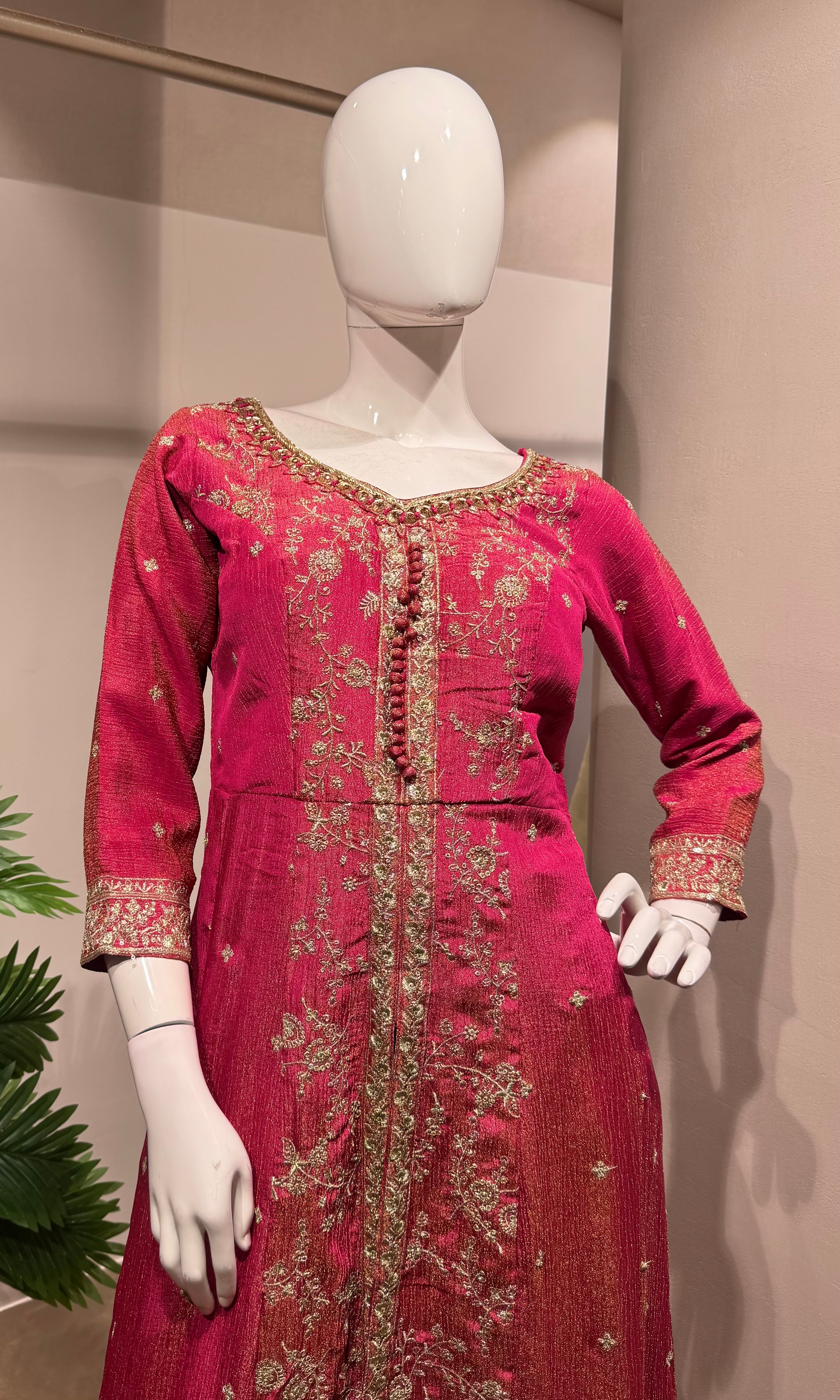 Pink Gold Embroidered Front-Slit Anarkali Set