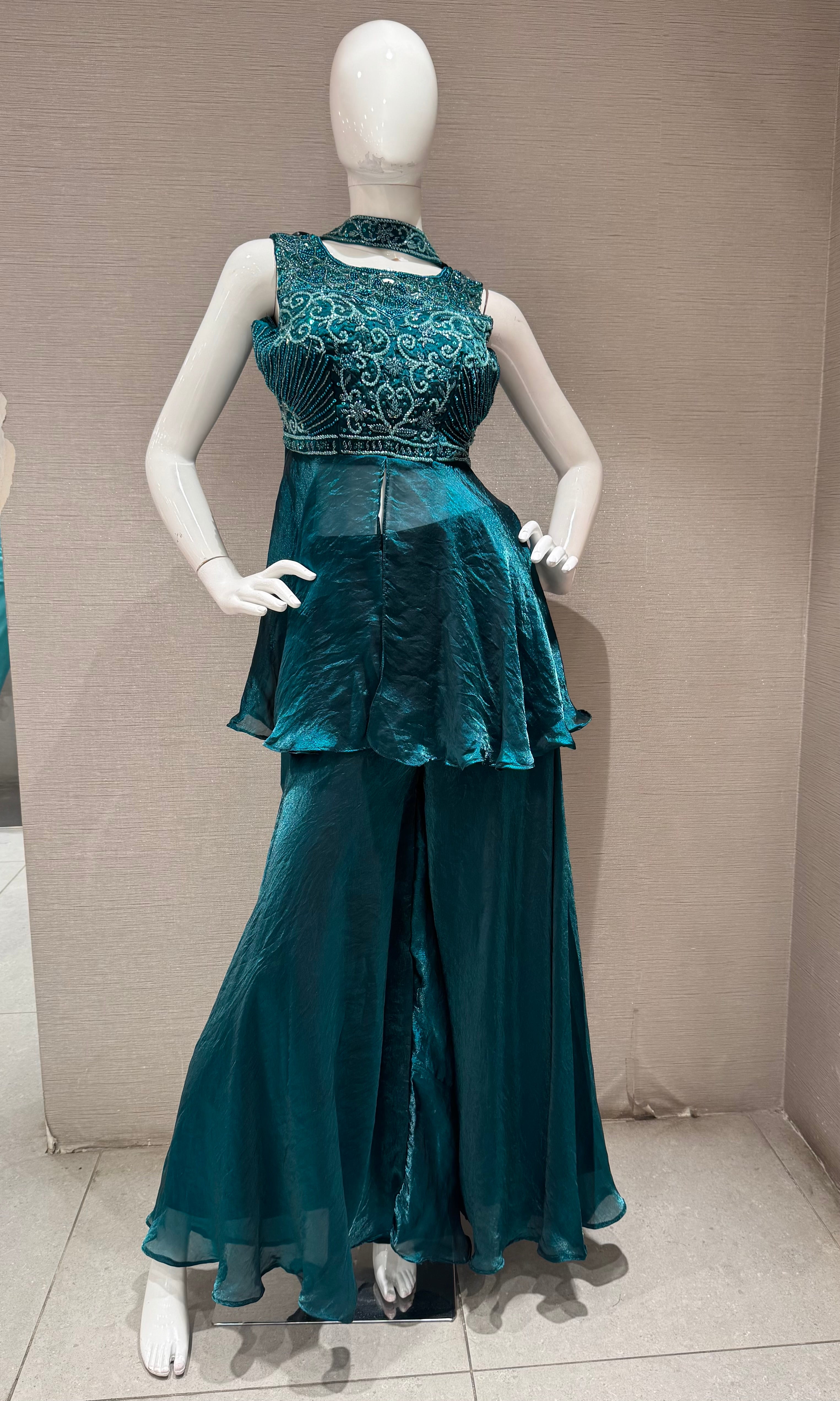 Green Embellished Peplum Palazzo set