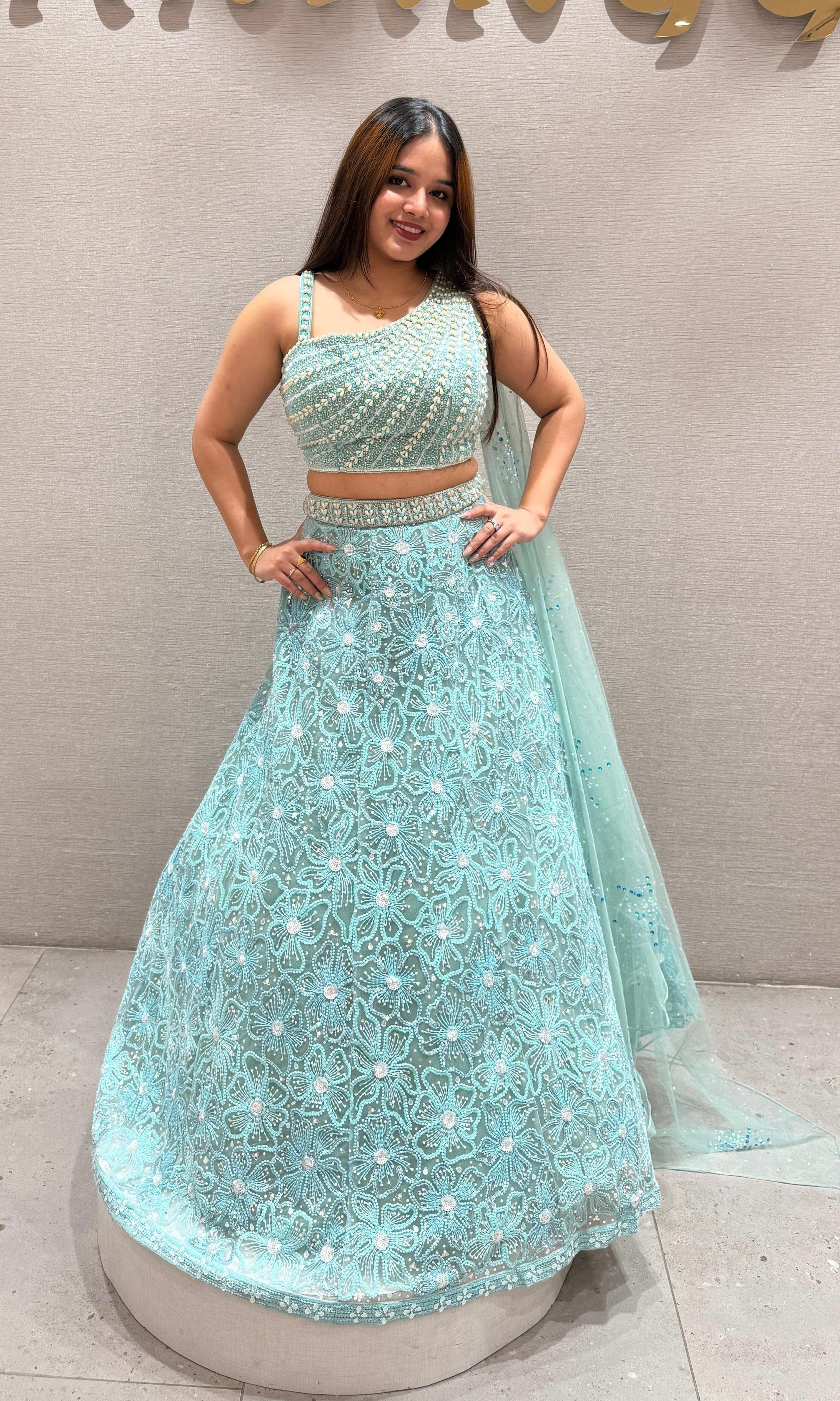 Sea blue Indo western Lehenga