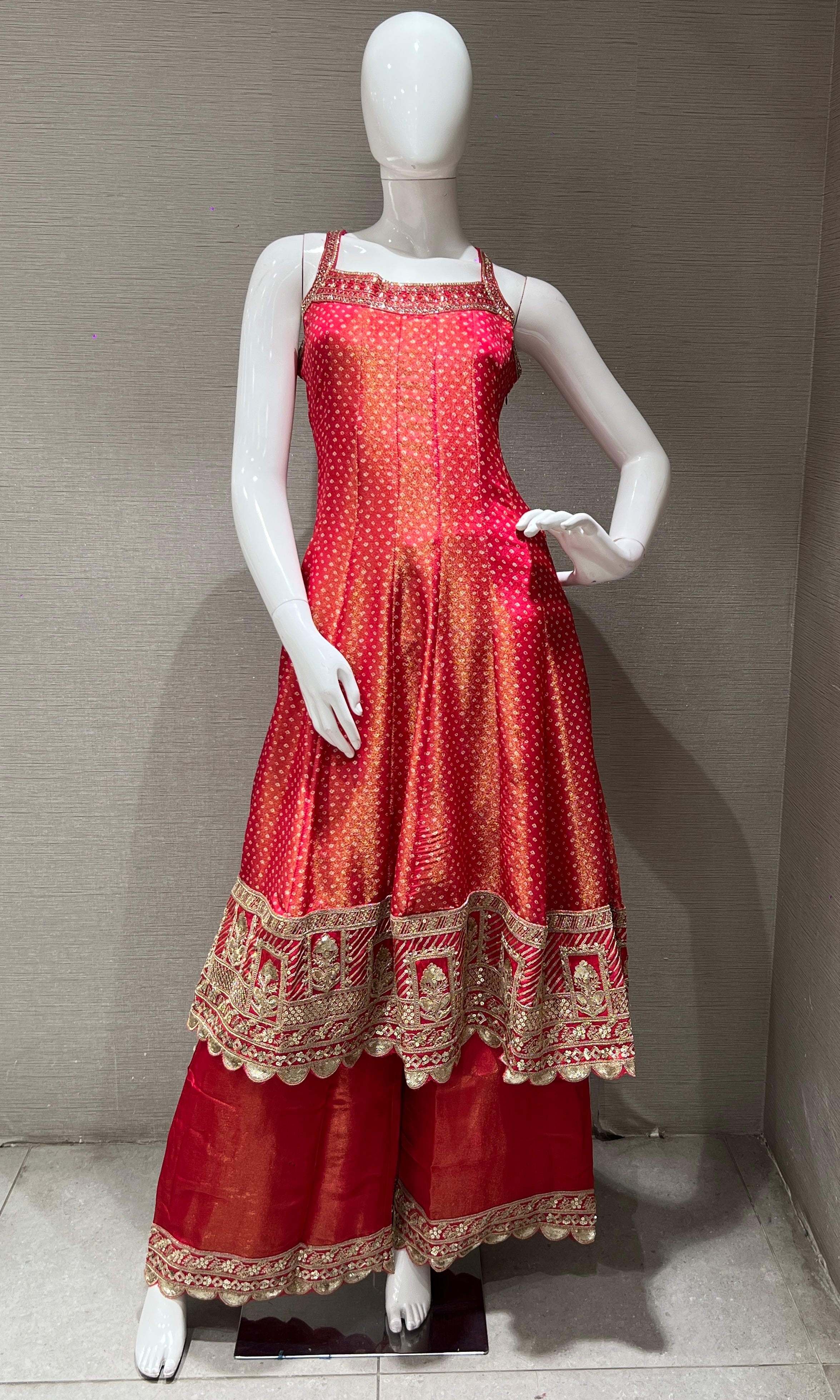 Red Embroidered Sharara Set with Golden Stripes Dupatta