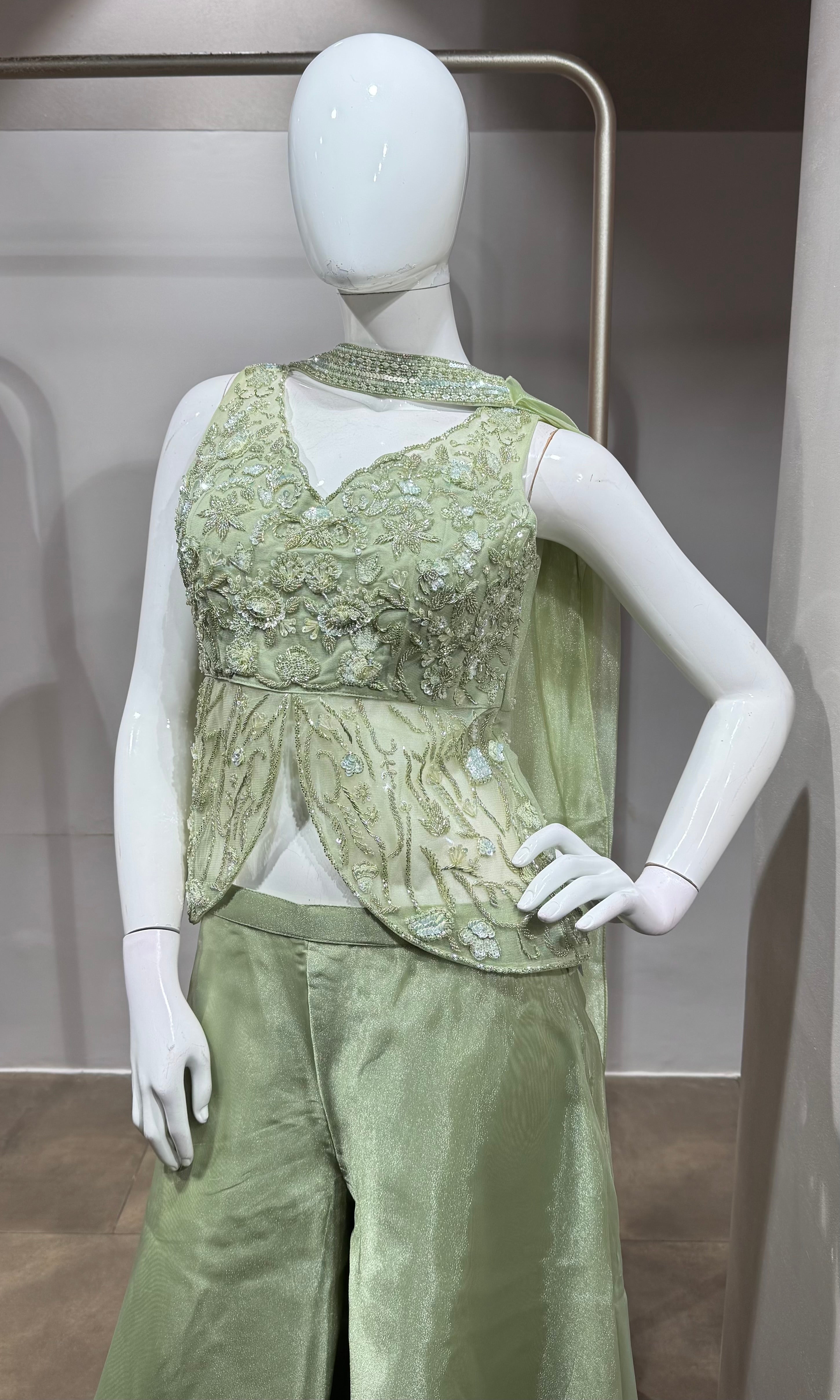 Pista Green Shimmer Organza Palazzo Suit