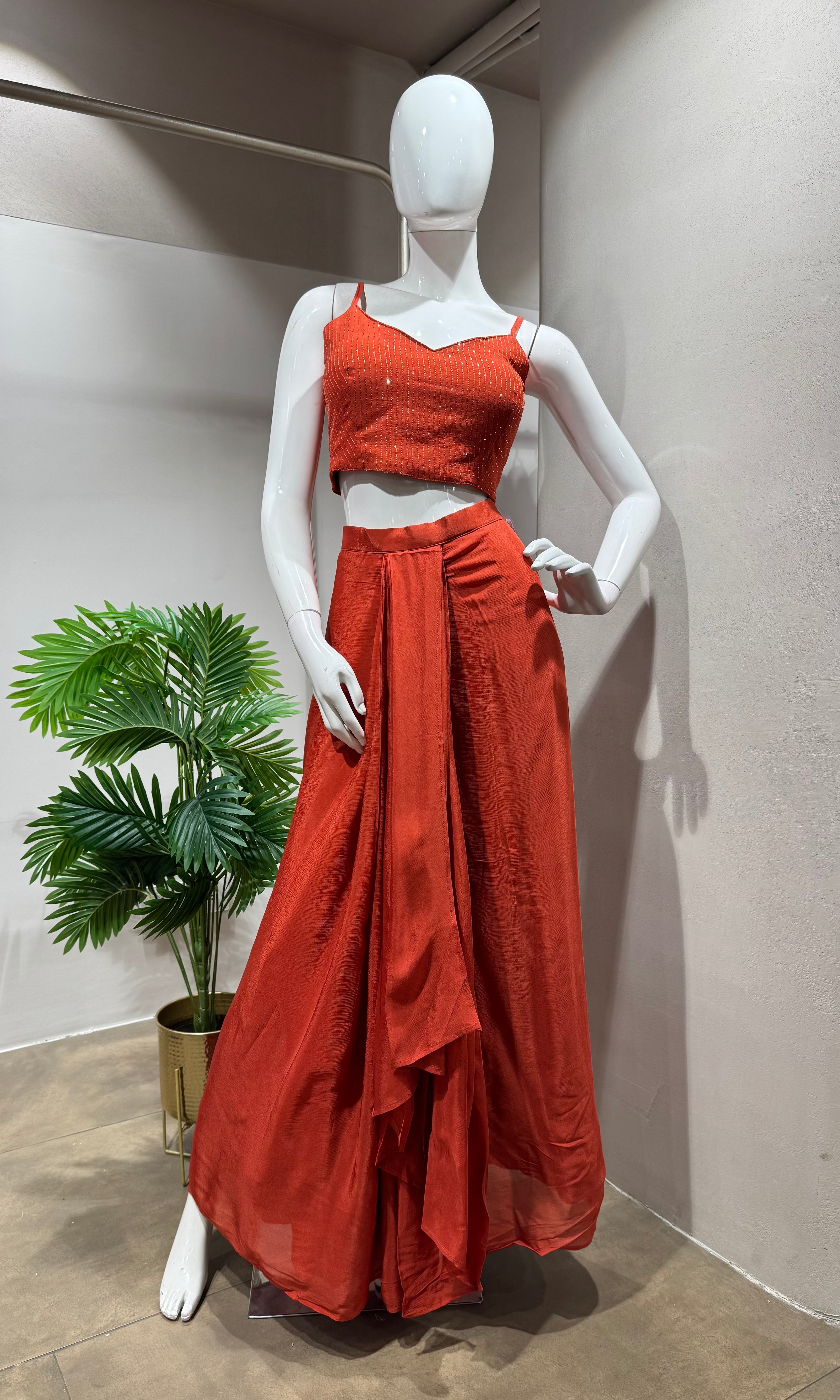 RUST WITH CROP TOP PALAZZO SET WITH JACKET