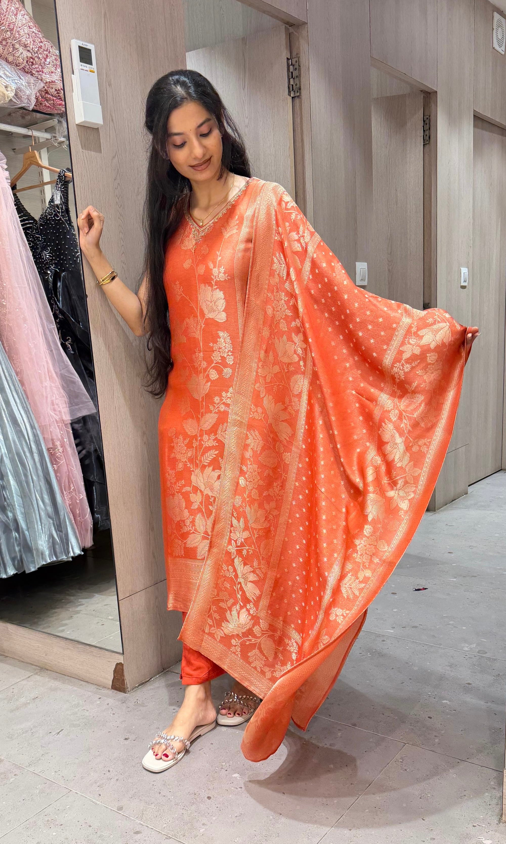 Orange Banarasi Kurta set with Matching Dupatta